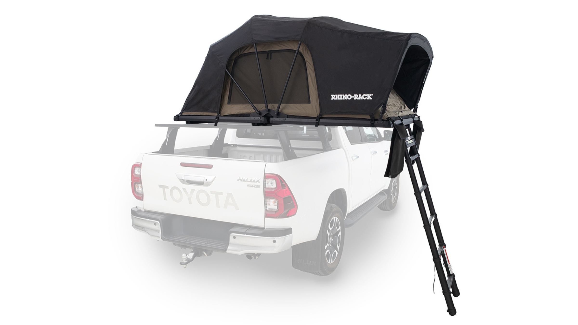 black Rhino Rack car-camping tent over a faded image of a white truck