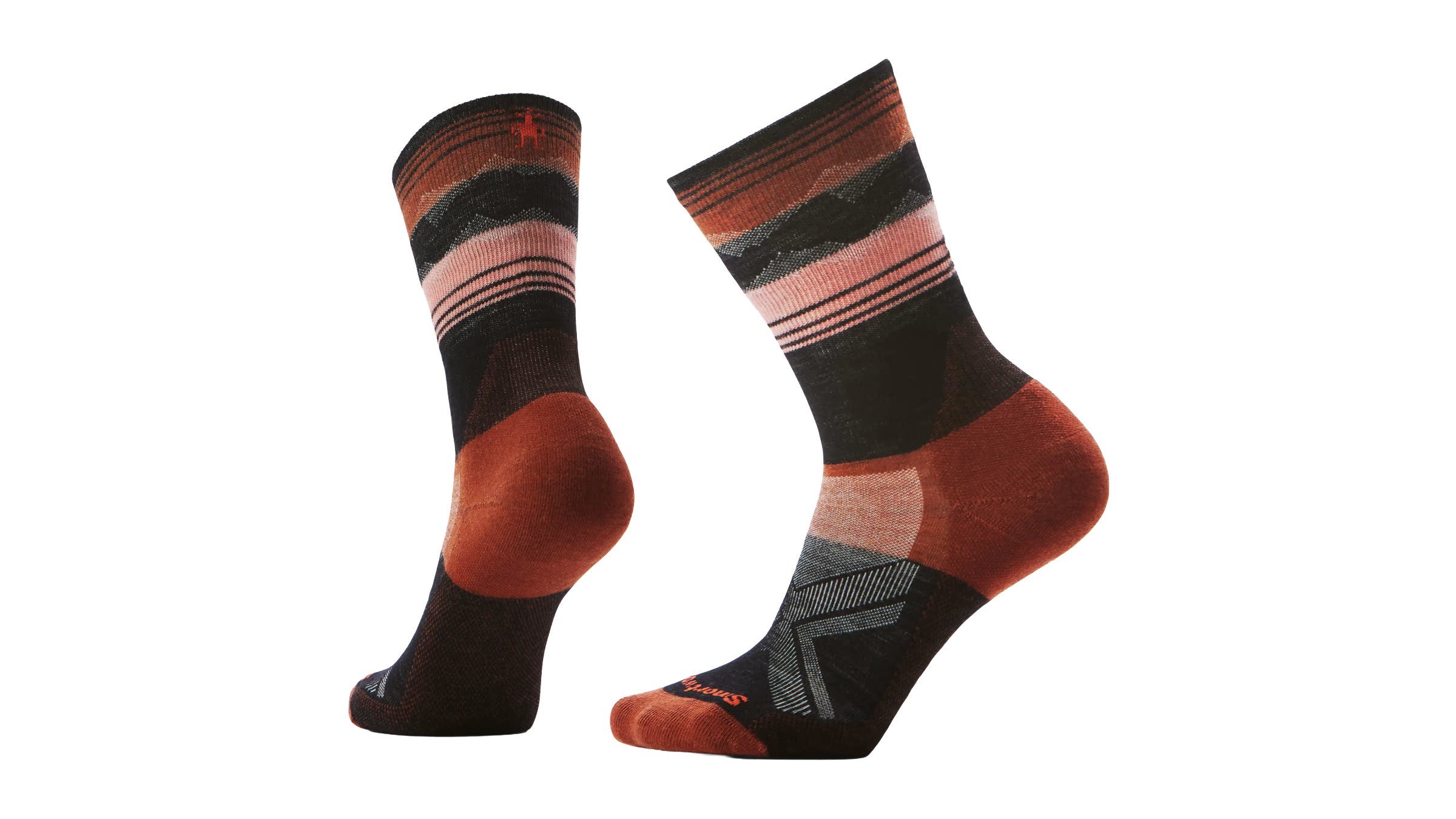 striped smartwool biking crew socks on white background