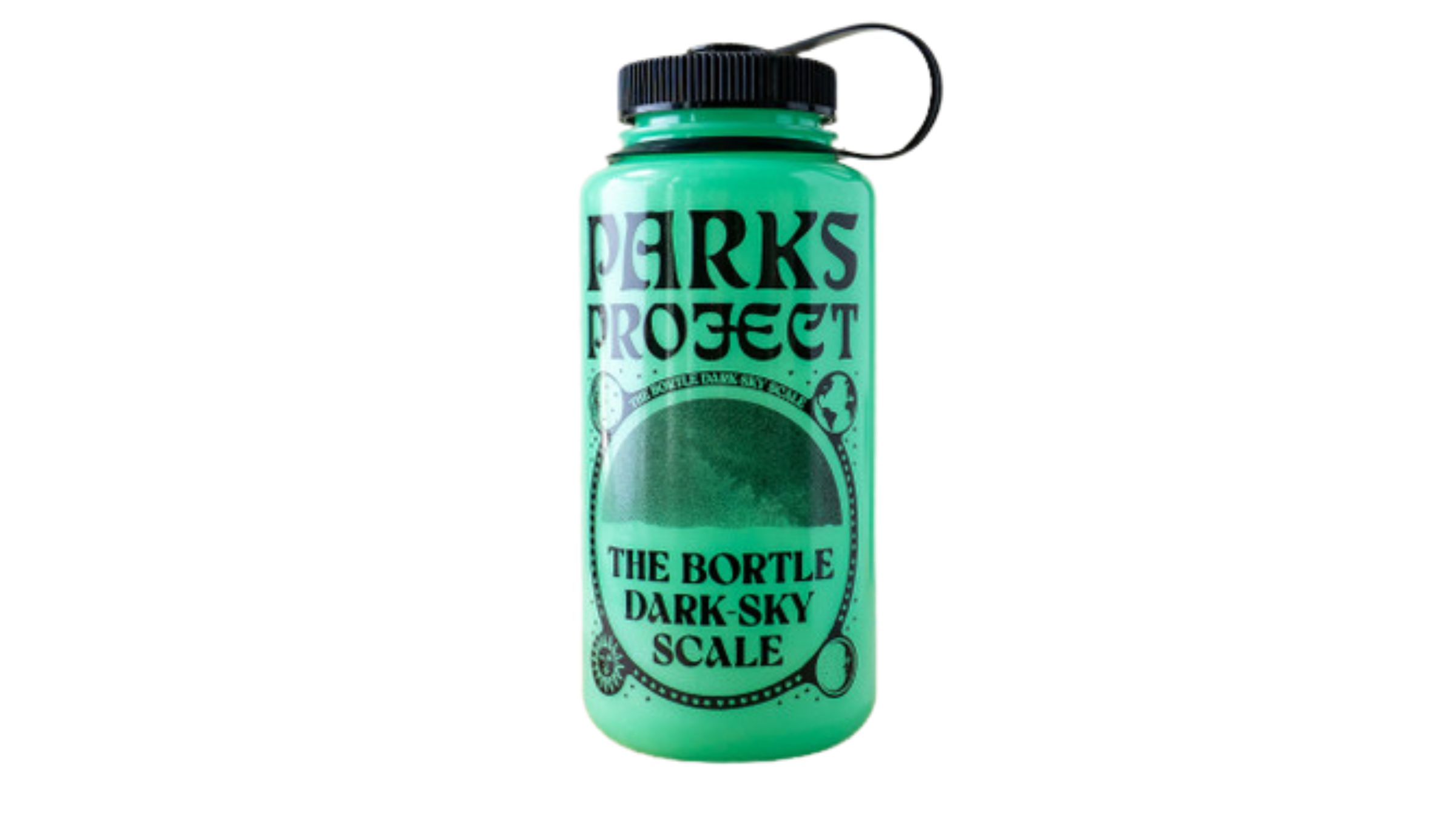 green glow-in-dark Nalgene-style water bottle with black writing on it