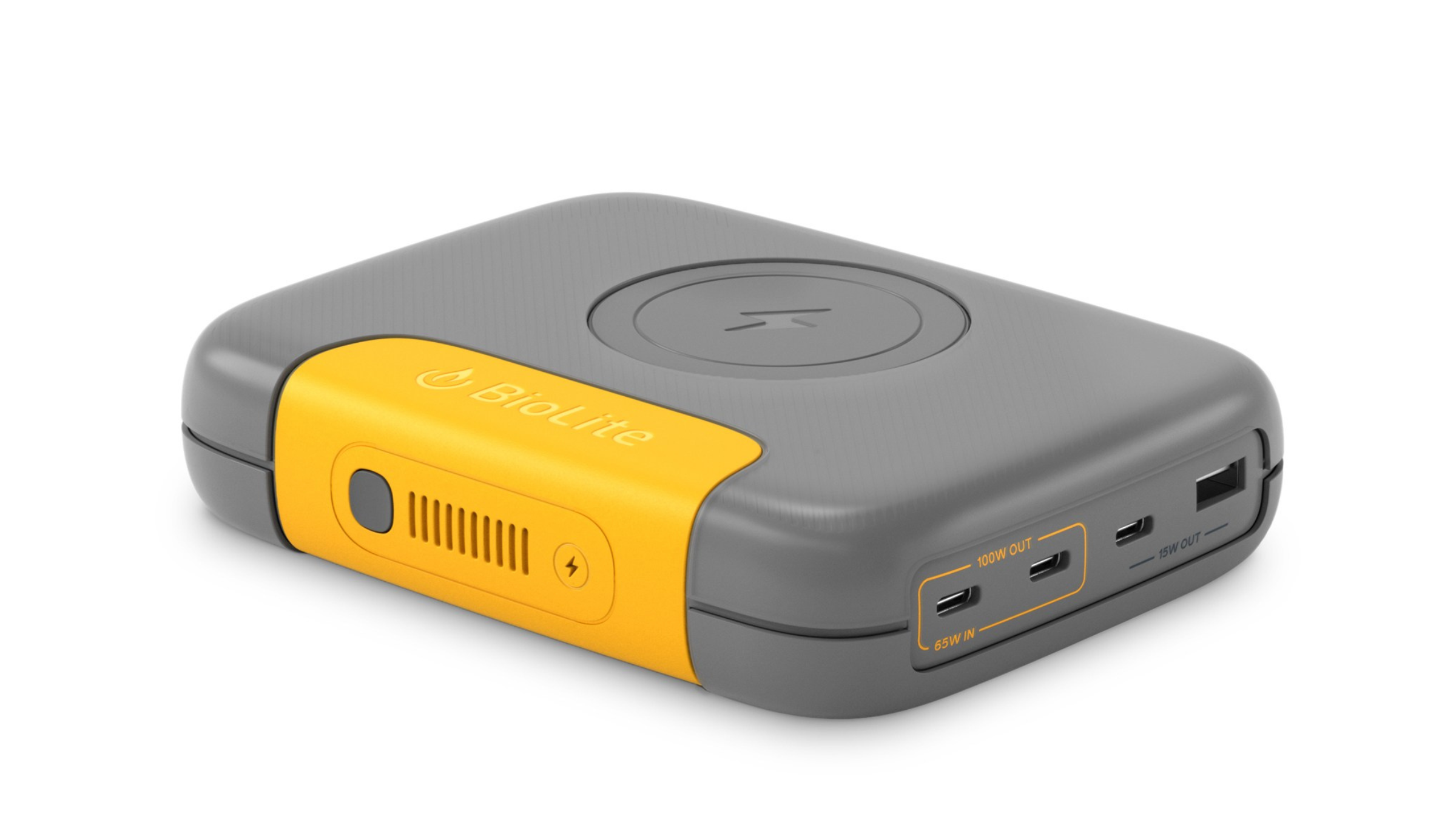 gray and yellow portable charger on white background