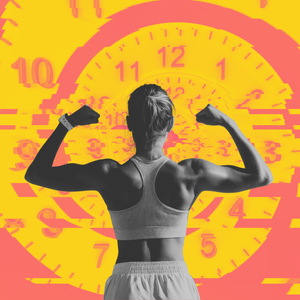 when you stop working out time clock behind woman flexing