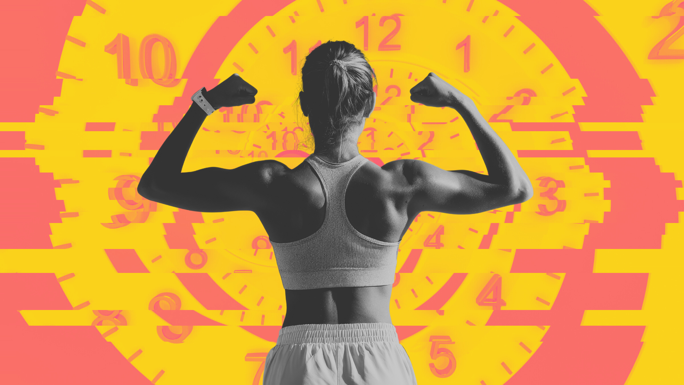 when you stop working out time clock behind woman flexing