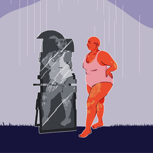 woman looking at grayscale broken reflection in mirror; concept art for rejecting the great lock-in challenge