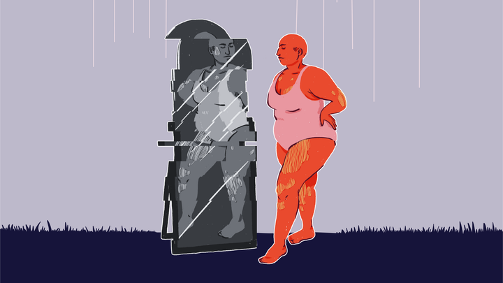 woman looking at grayscale broken reflection in mirror; concept art for rejecting the great lock-in challenge