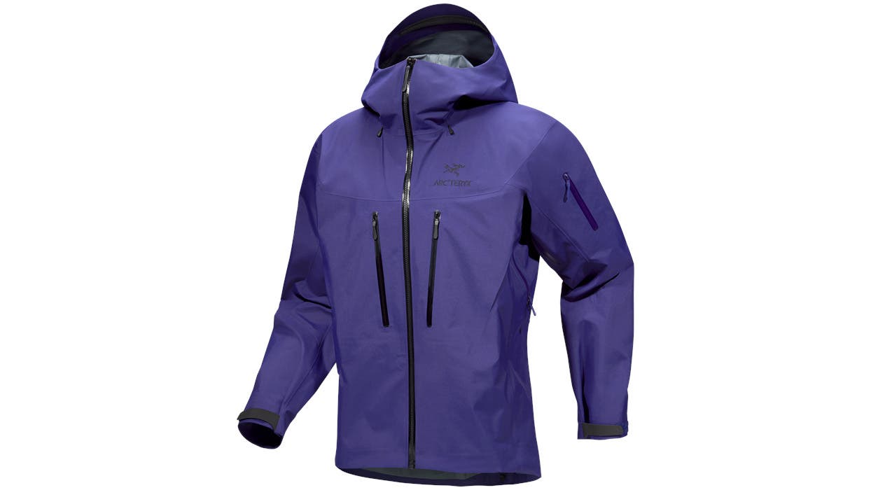 Purple Arcteryx men's ski jacket on white background