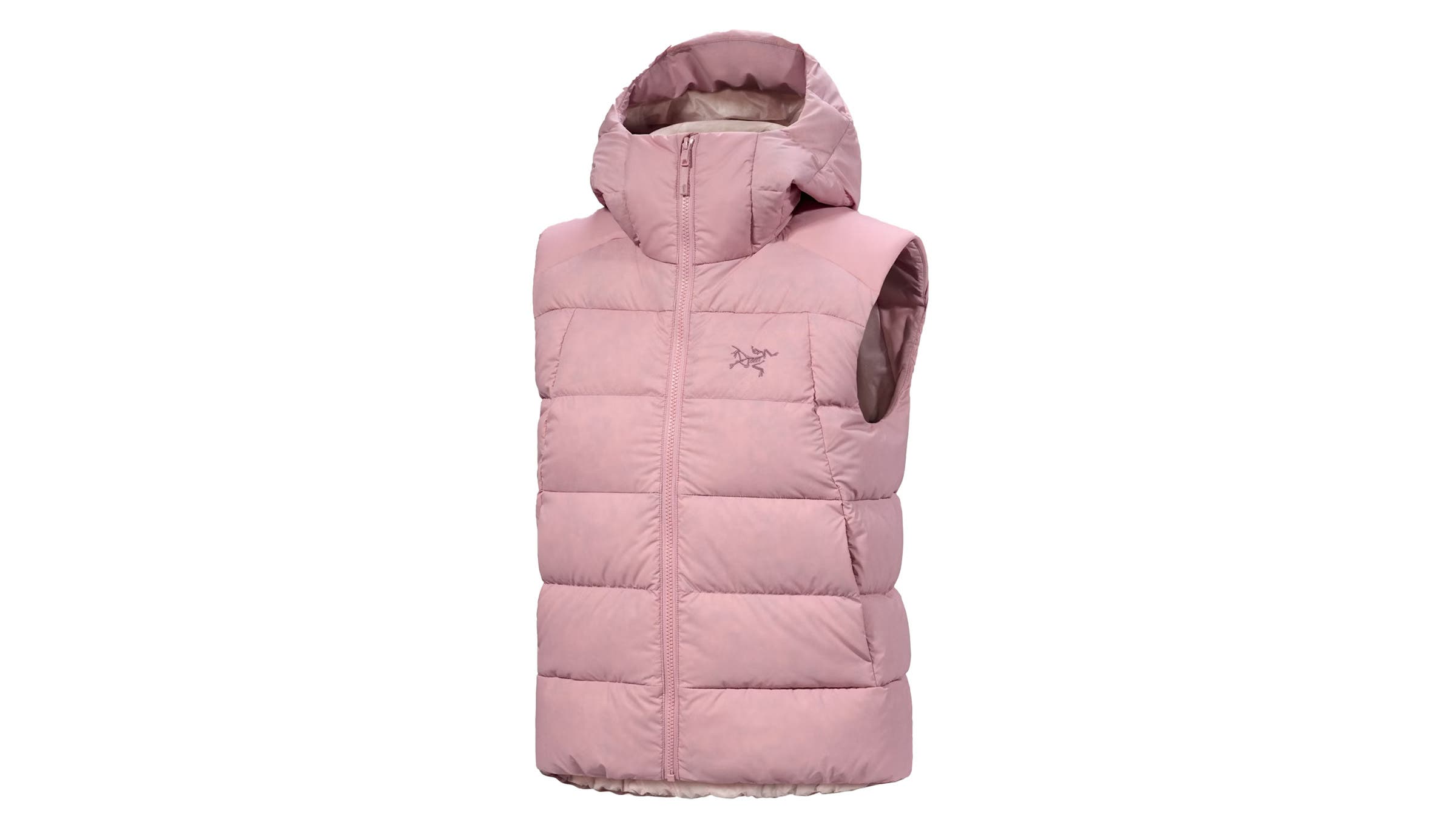 Pink hooded Arc’teryx Thorium women's down vest on white background