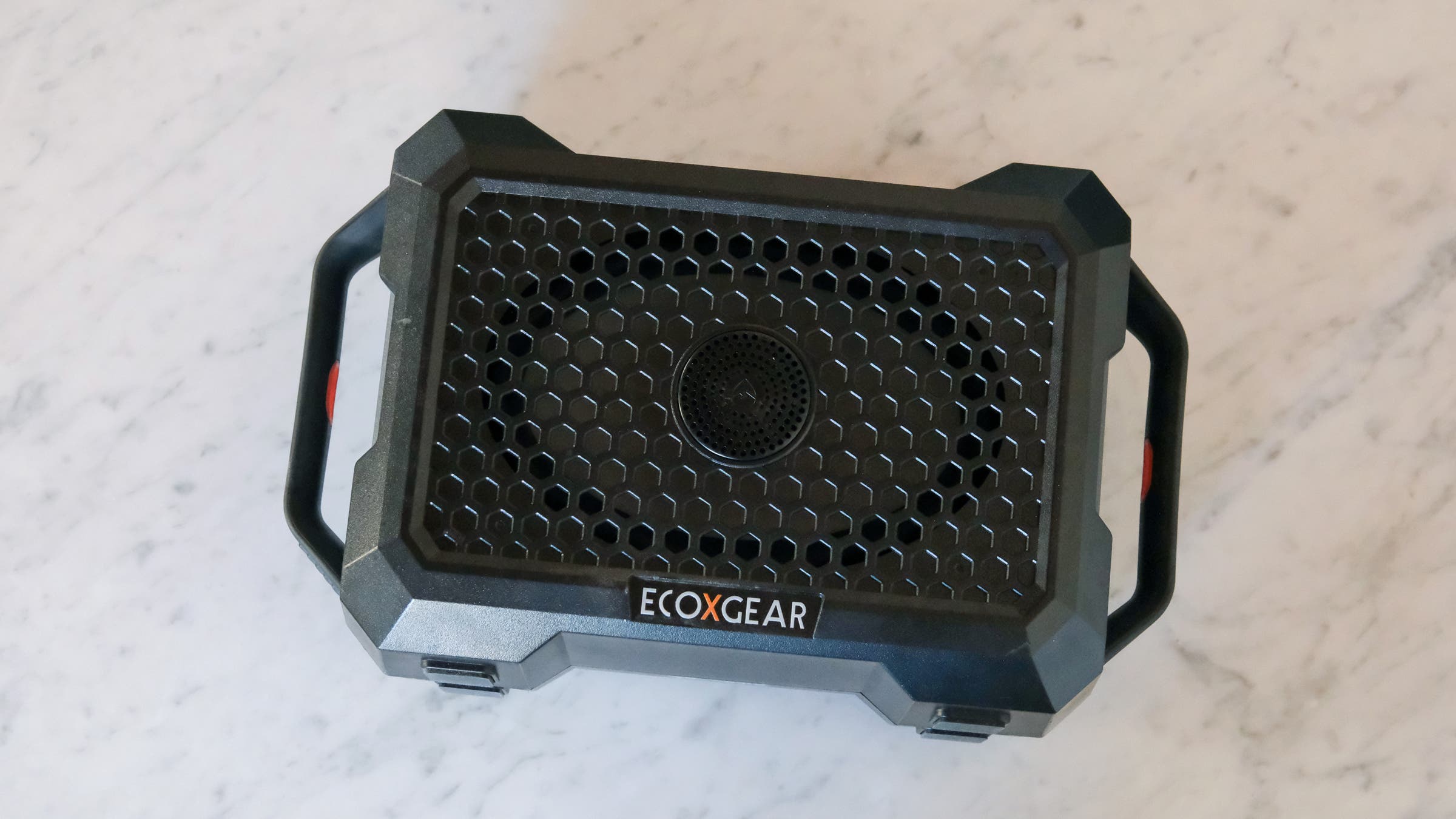 EcoXgear Defender black speaker on white counter top