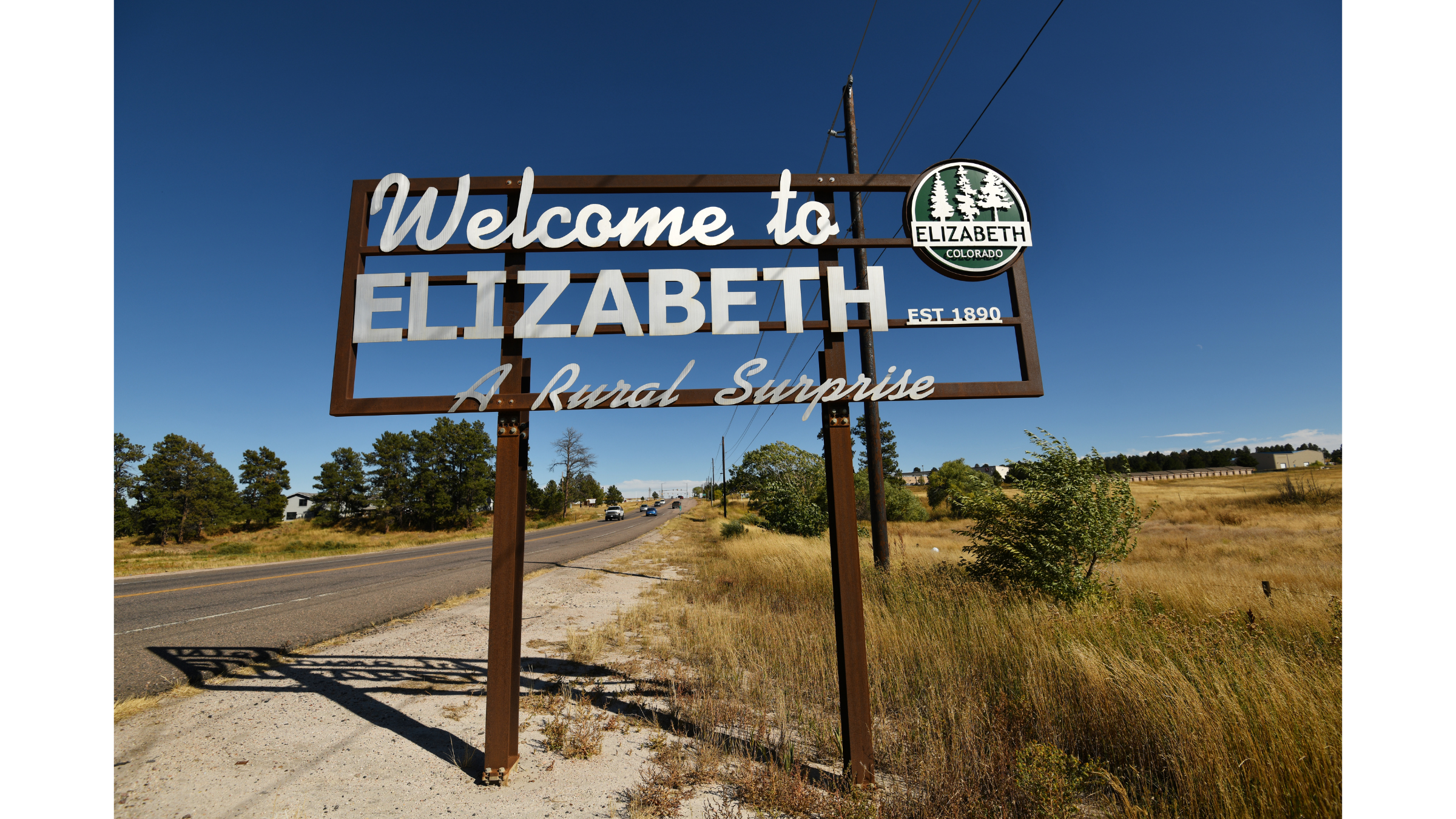 A sign welcomes visitors to the town of Elizabeth, Colorado on October 04, 2019