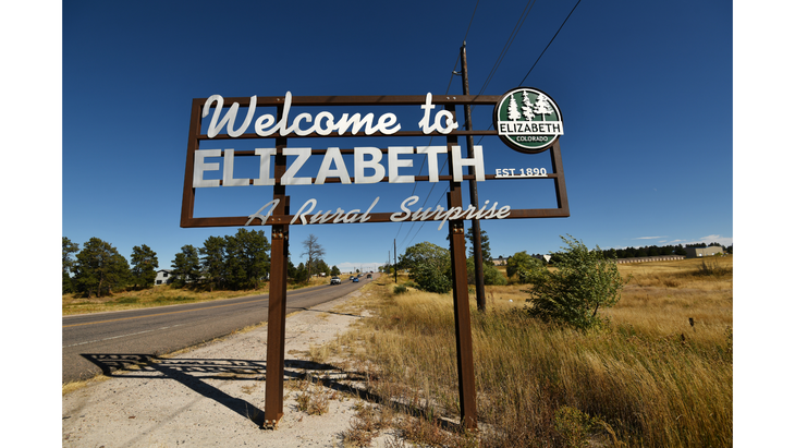A sign welcomes visitors to the town of Elizabeth, Colorado on October 04, 2019