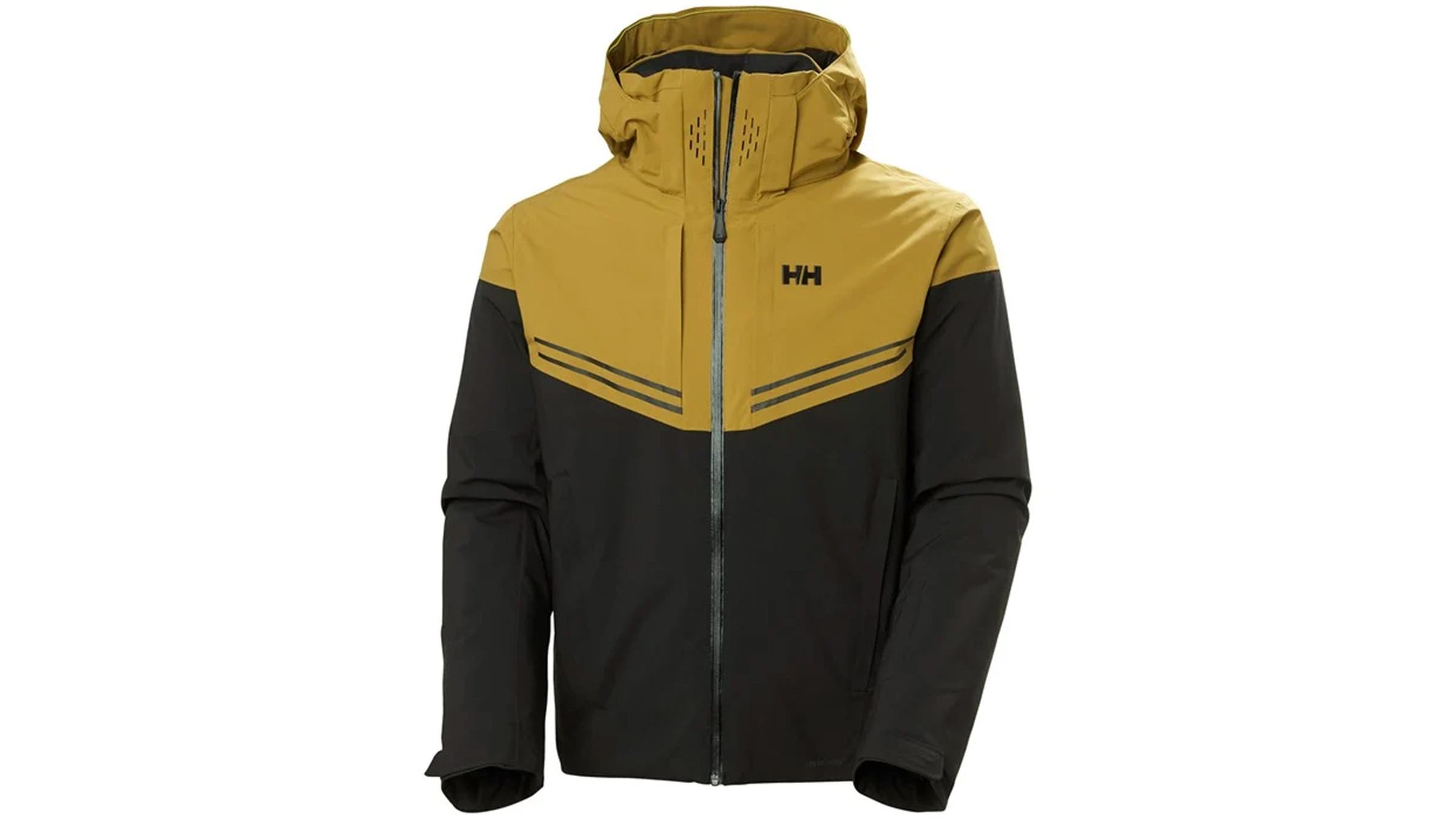 Black and yellow Helly Hansen Alpha Infinity ski jacket on white background