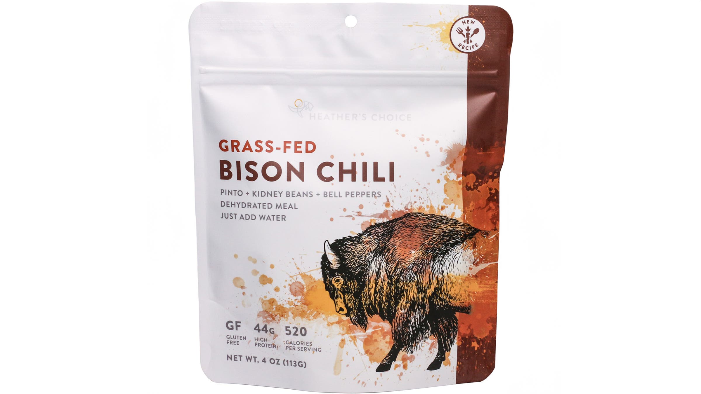 Heather's Choice Bison Chili backpacking meal on white background