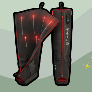 therabody jetboots pro plus on a green backgorund with some sparkles to indicate a review