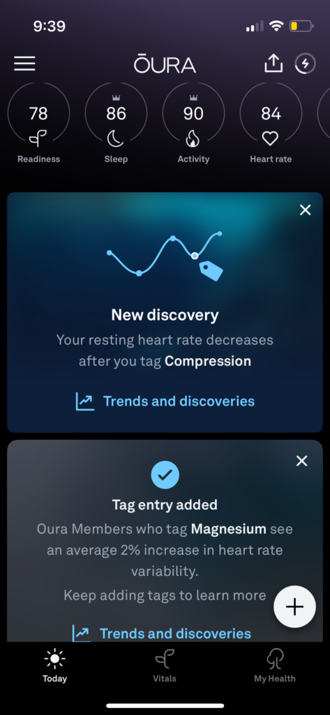Screenshot of an Oura ring discovery about compression leading to a lower resting heart rate 
