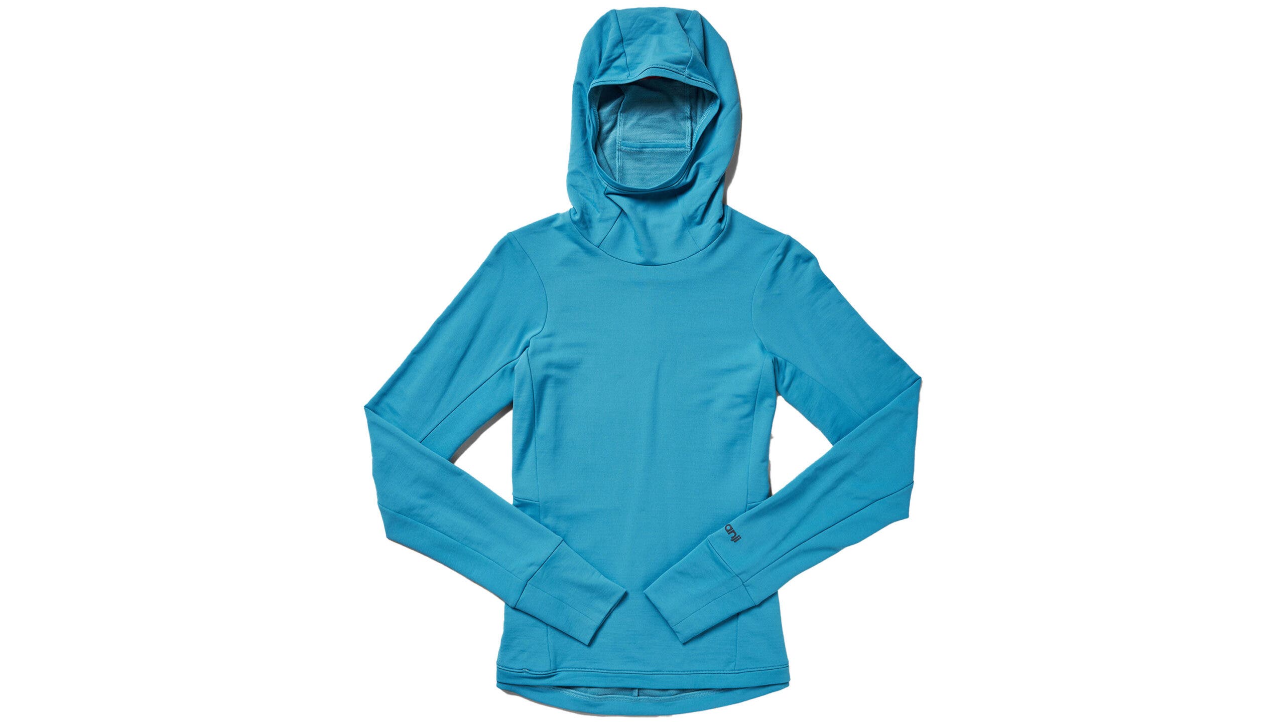 Teal blue longsleeve hooded women's base layer on white background