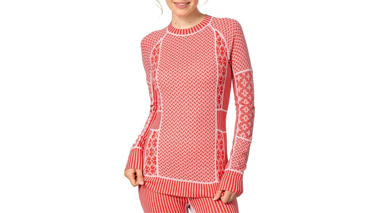 Red Kari Traa base layer set on model on white background