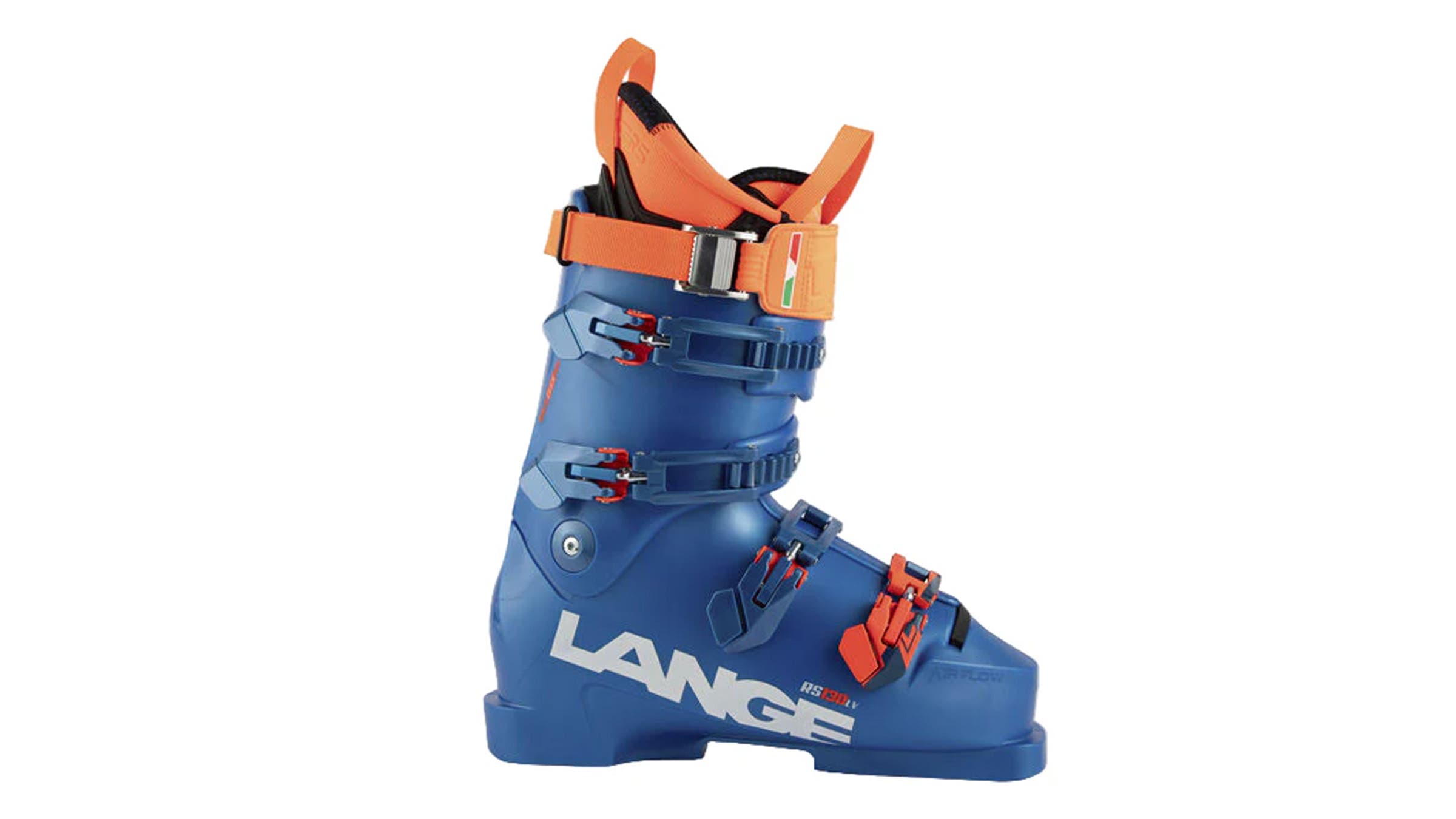 Blue Lange RS 130 LV alpine ski boot on white background