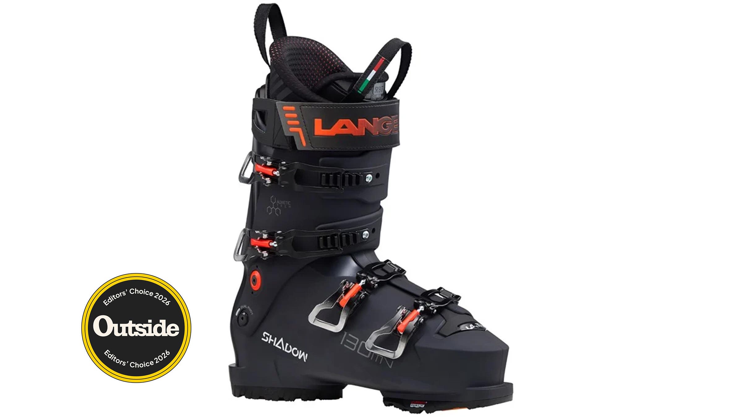 Black Lange Shadow MV alpine ski boot on white background with Outside Editors' Choice award badge