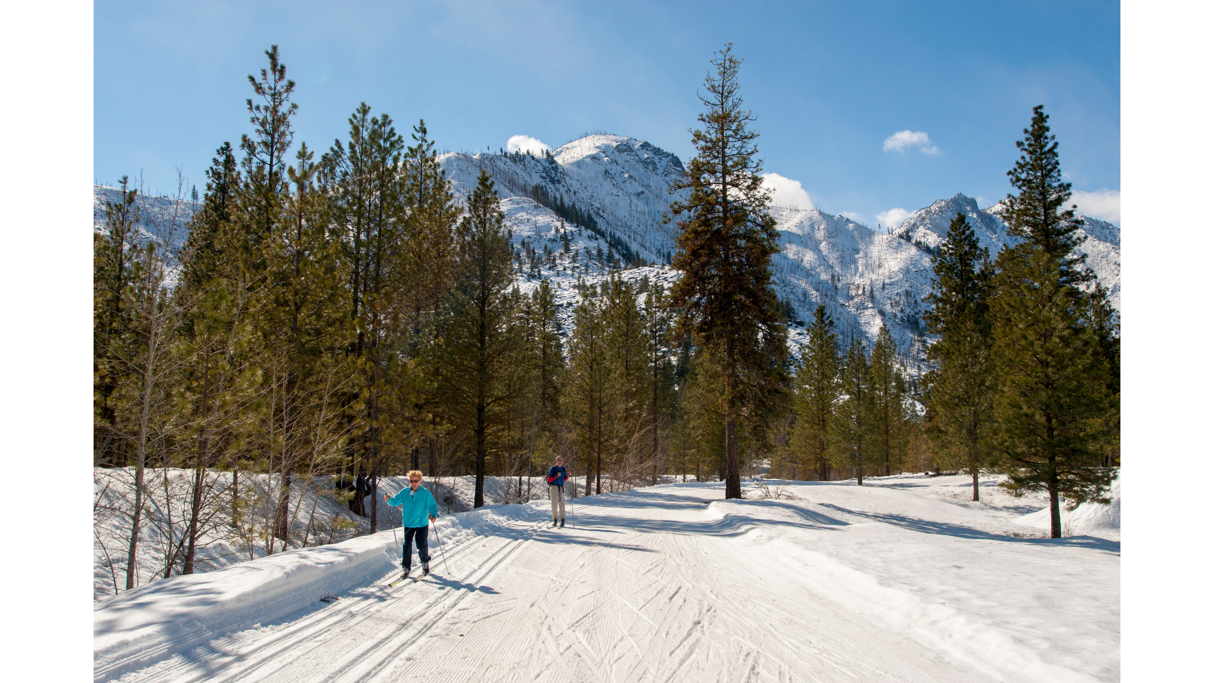 People cross country skiing on the Icicle River trail in Leavenworth, Washington