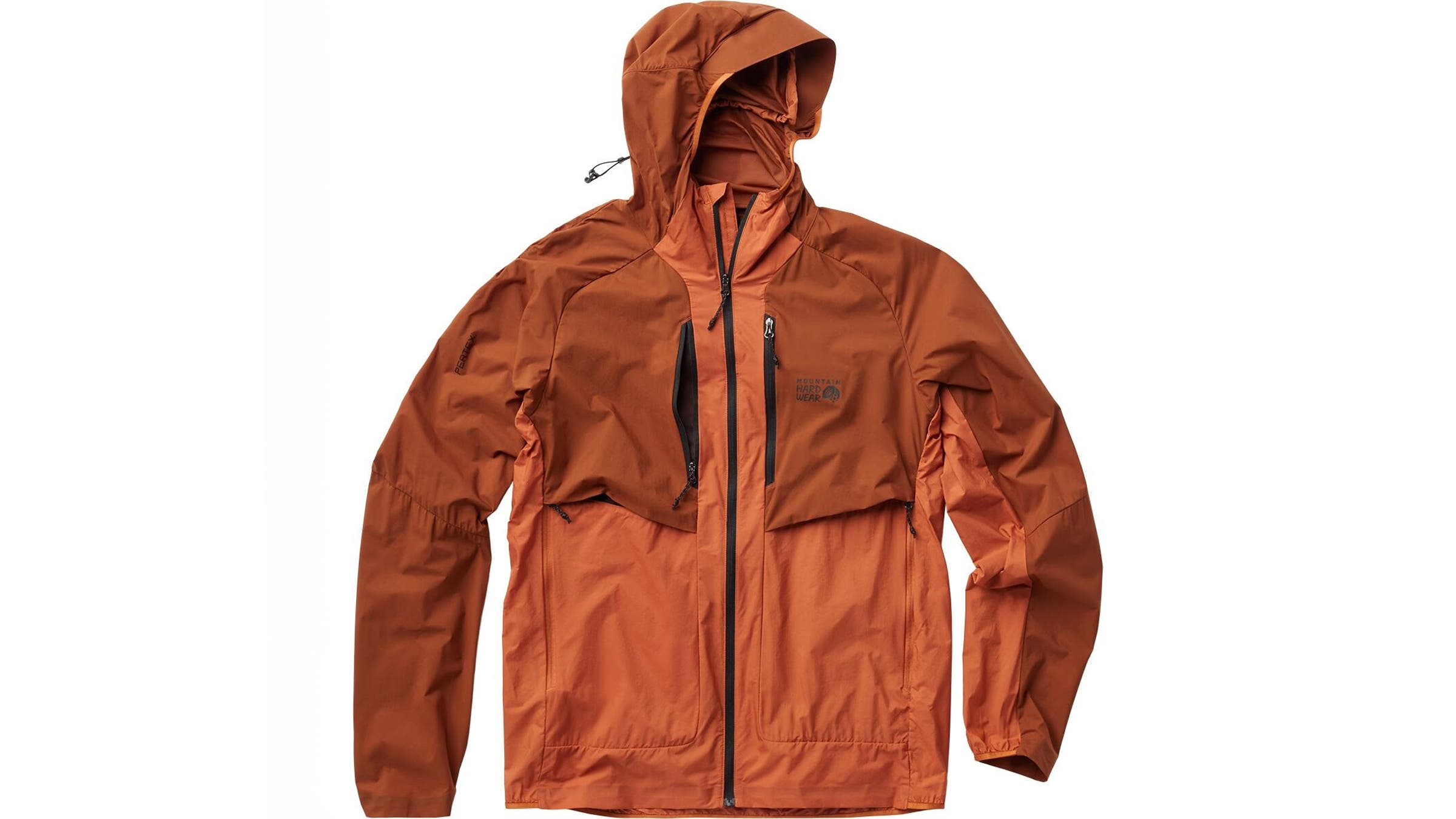 Mountain Hardwear KorAir Shell hybrid hooded jacket orange on white background