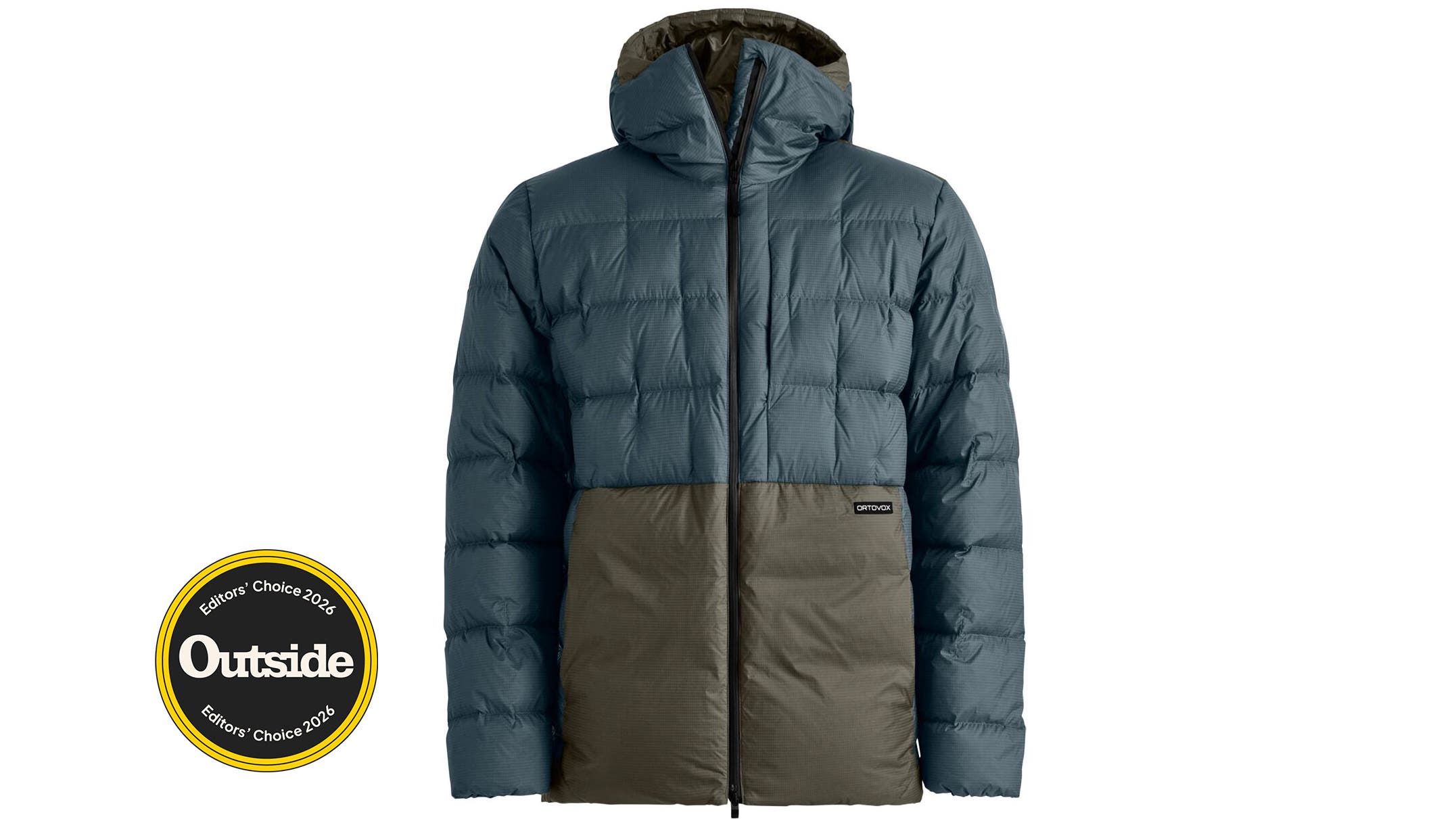 Grey and teal Ortovox down parka jacket on white background