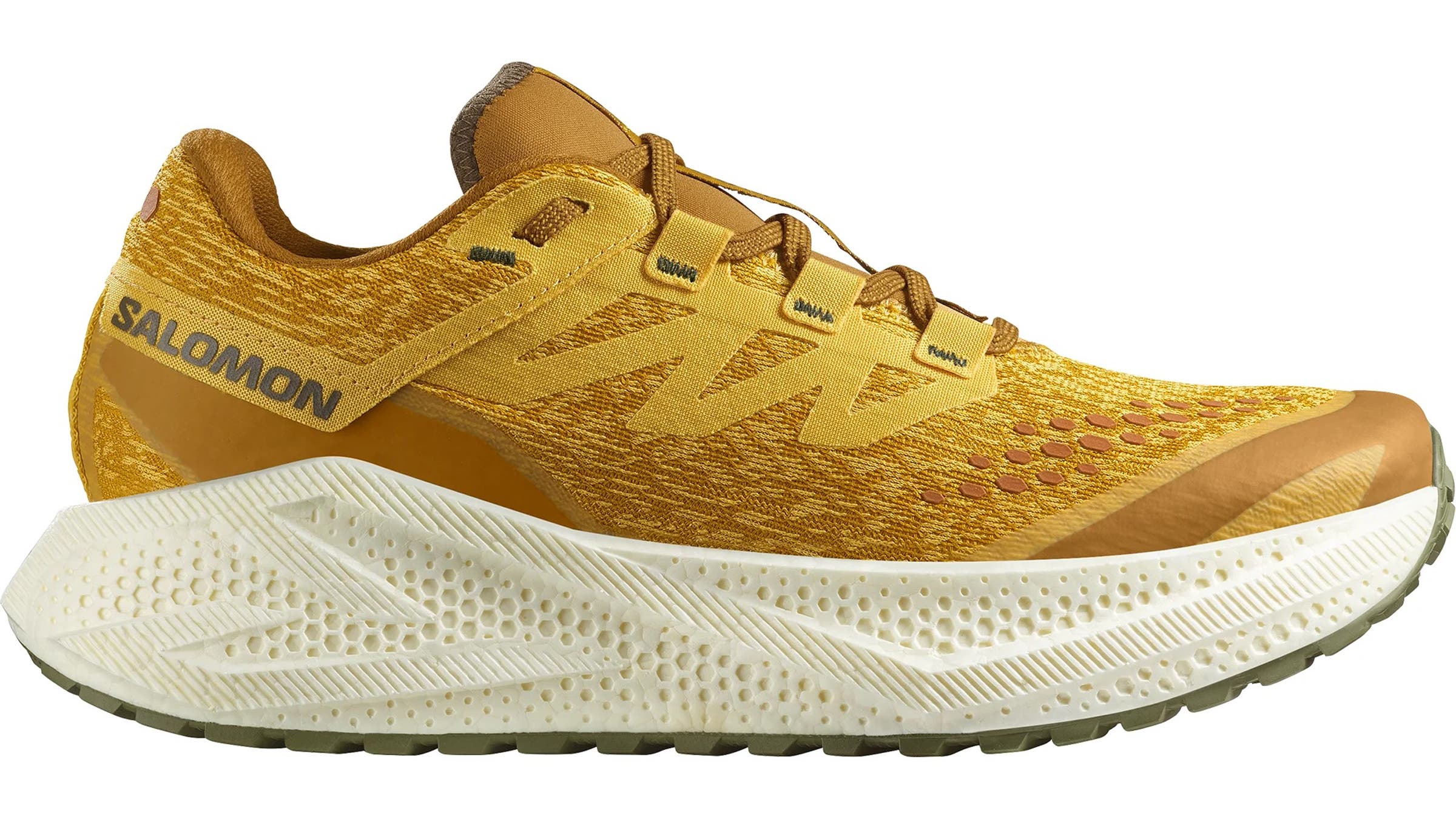 Salomon AERO Glide 3 GRVL running shoes yellow on white background