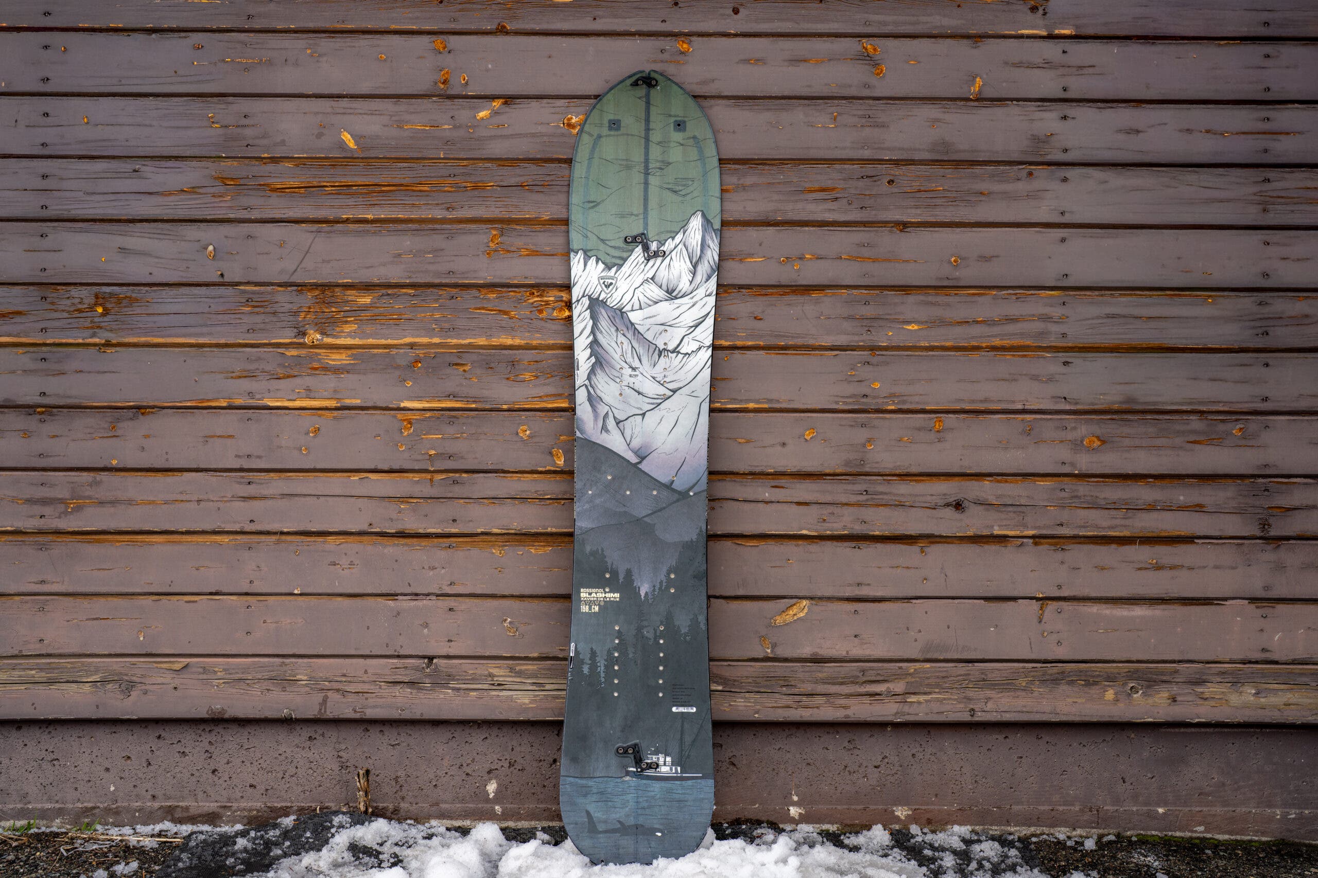 Rossignol Slashimi splitboard leaning against weathered building