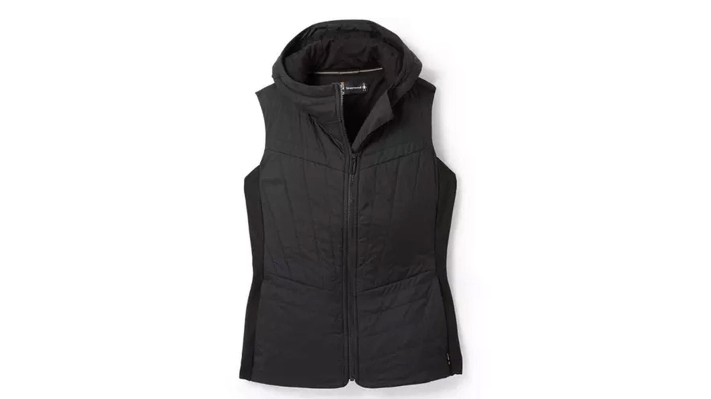 Black hooded Smartwool Smartloft women's vest on white background