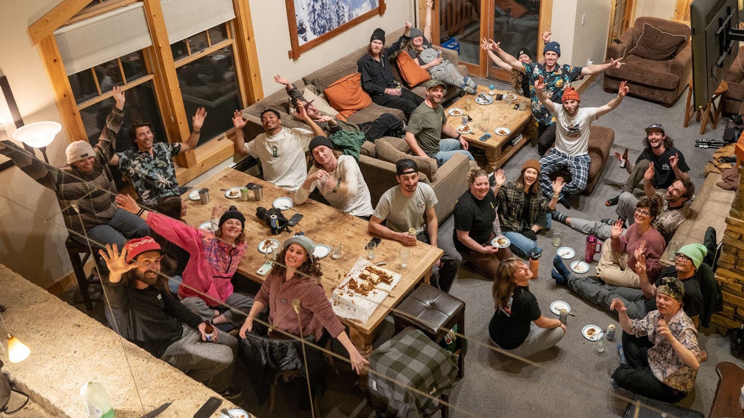 Our snowboard test crew watches snowboard movies and finishes up a family dinner in a comfy, spacious Timber Ridge condo.