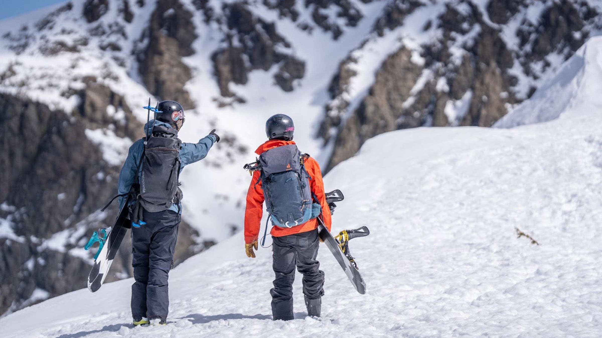 Splitboard testers exit the backside’s resort boundaries and head toward the beckoning chutes beyond.