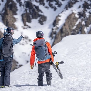 Splitboard testers exit the backside’s resort boundaries and head toward the beckoning chutes beyond.