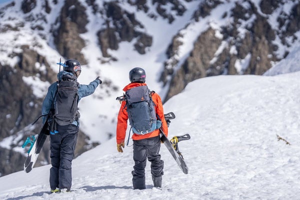 Splitboard testers exit the backside’s resort boundaries and head toward the beckoning chutes beyond.