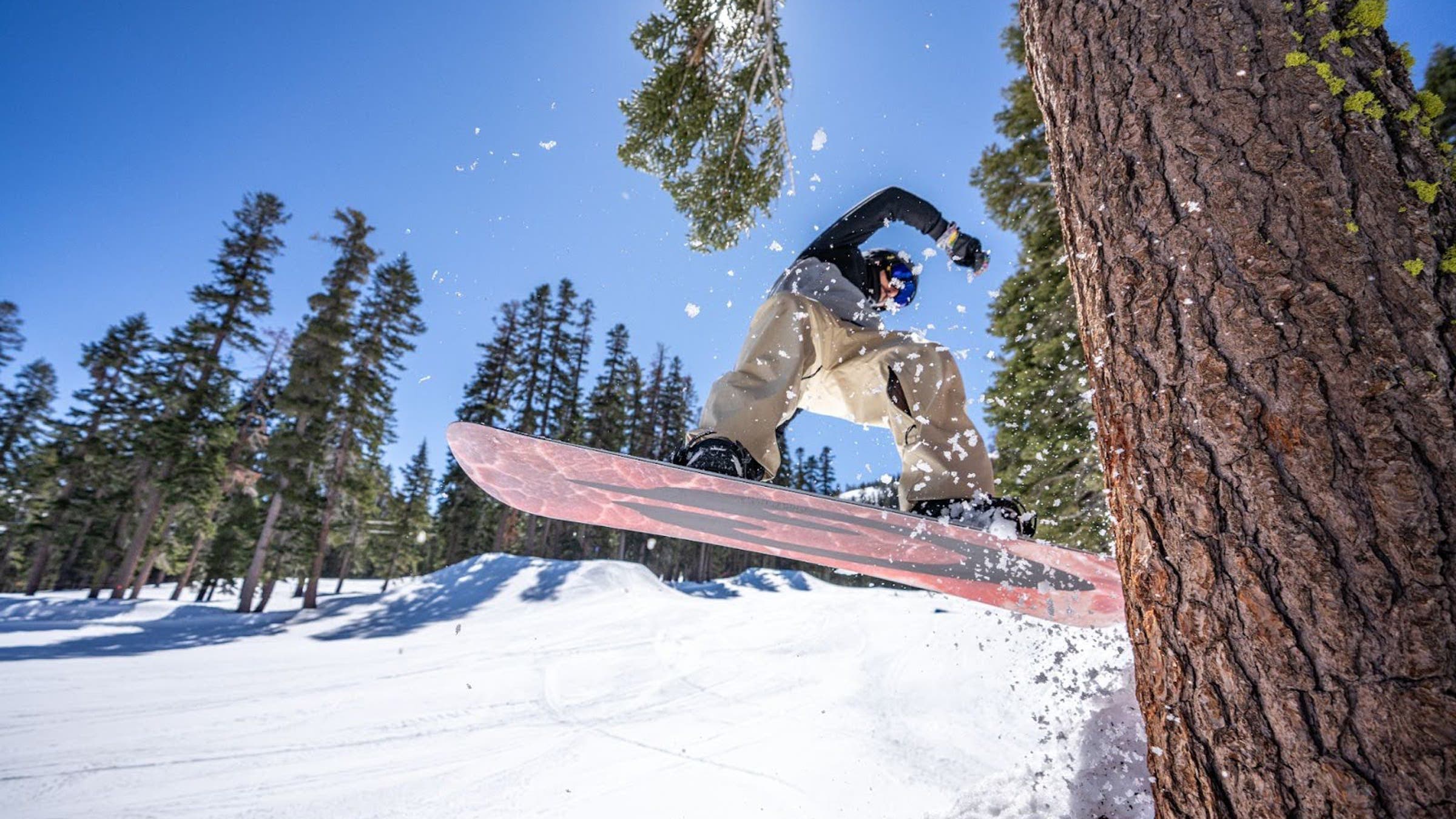 Snowboard tester Colby Wangler jibs through Kirkwood’s Bandit Park.