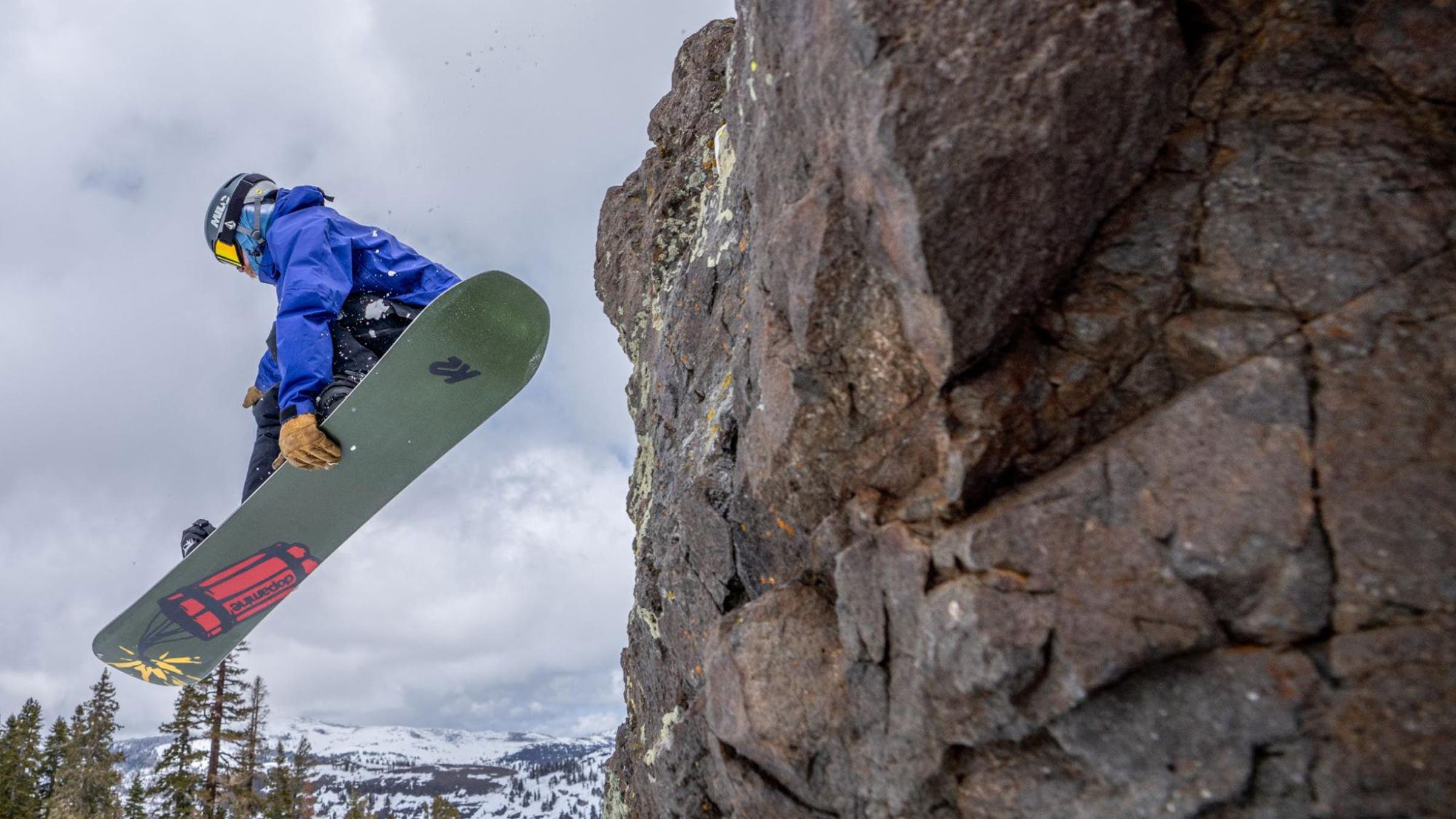 Snowboarder drops a cliff on the K2 Antidote at Kirkwood in 2025