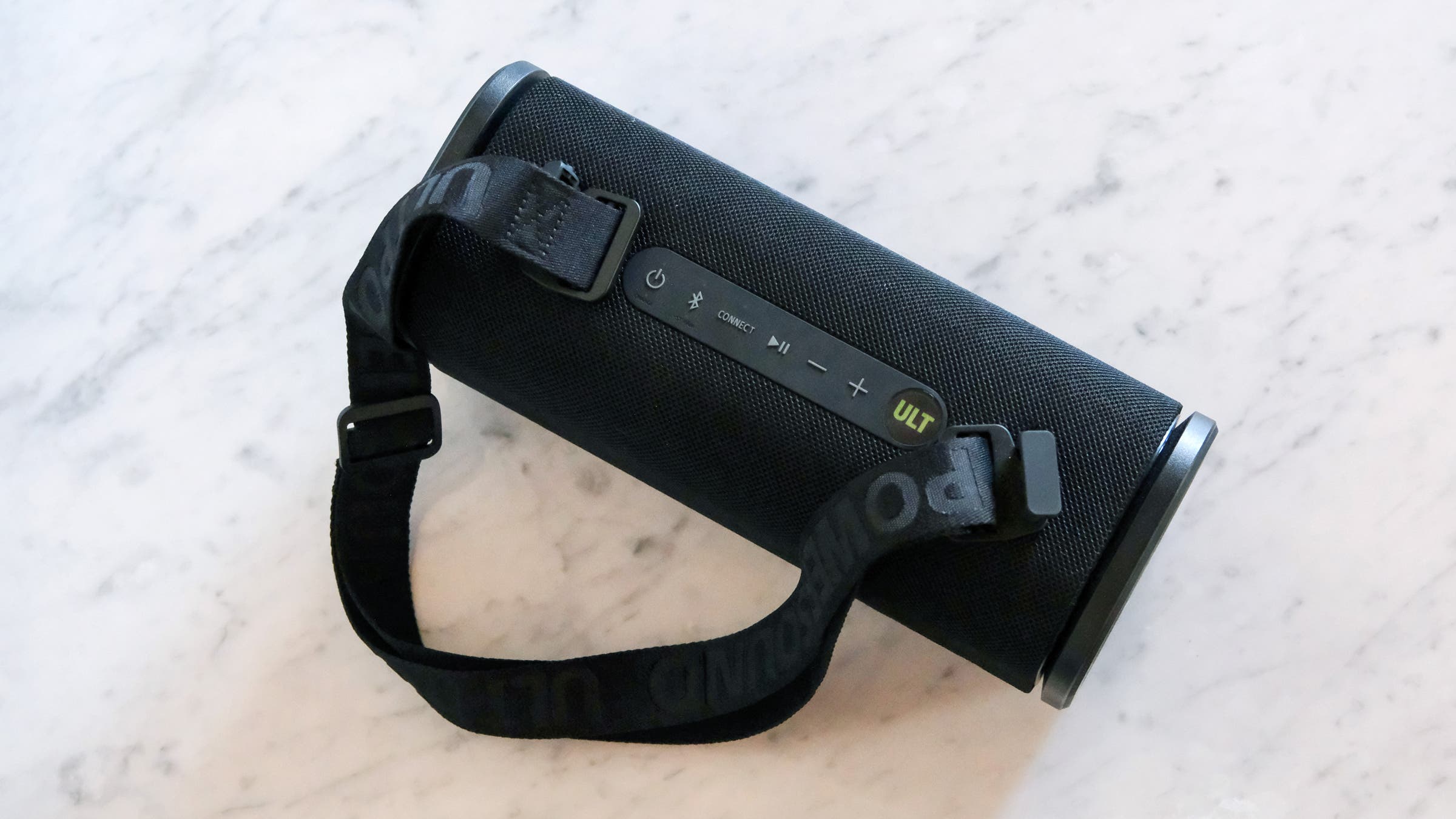 Sony ULT Field 5 black speaker on white counter top