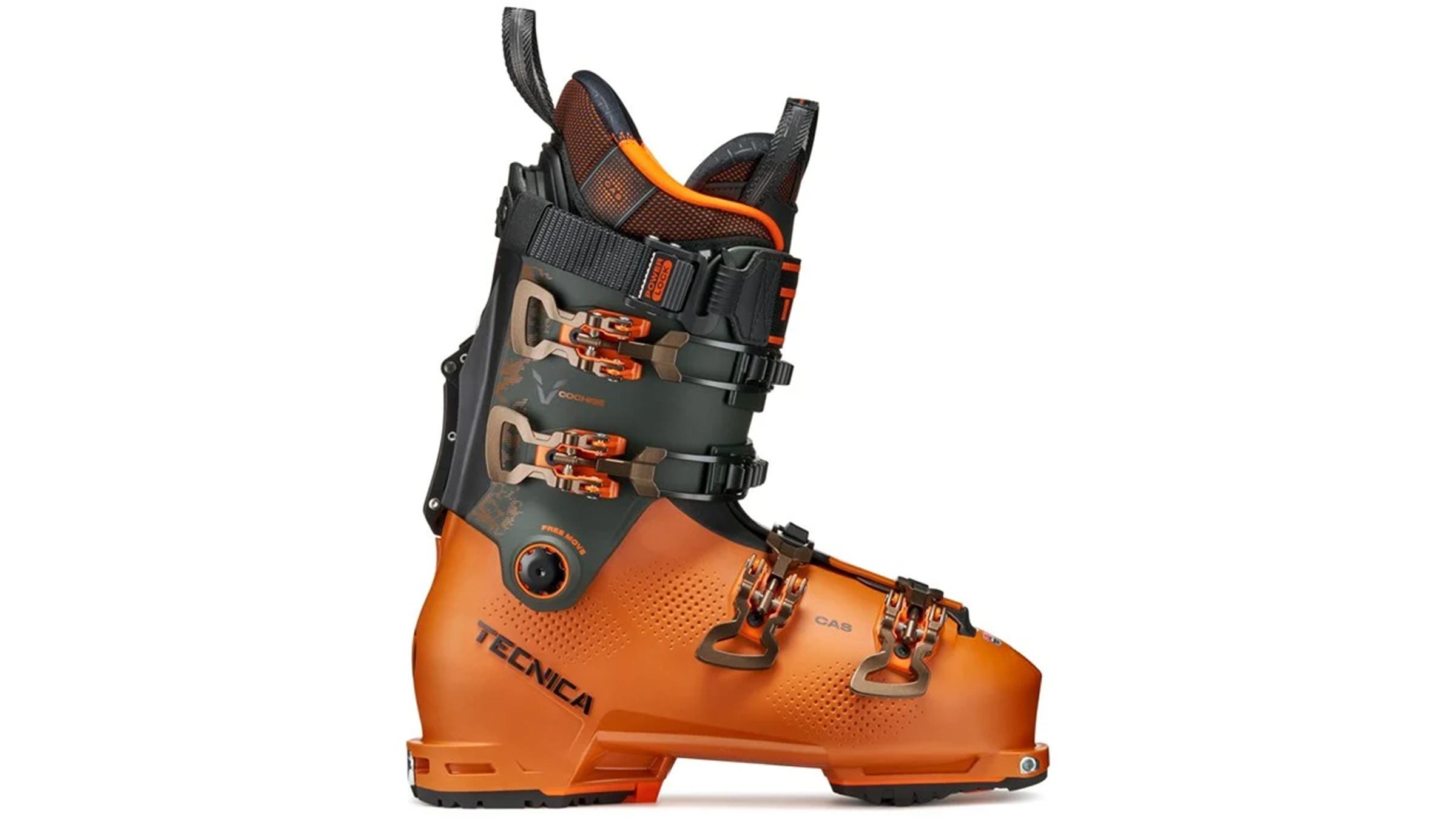 Orange and black Tecnica Cochise 130 alpine touring boot on white background