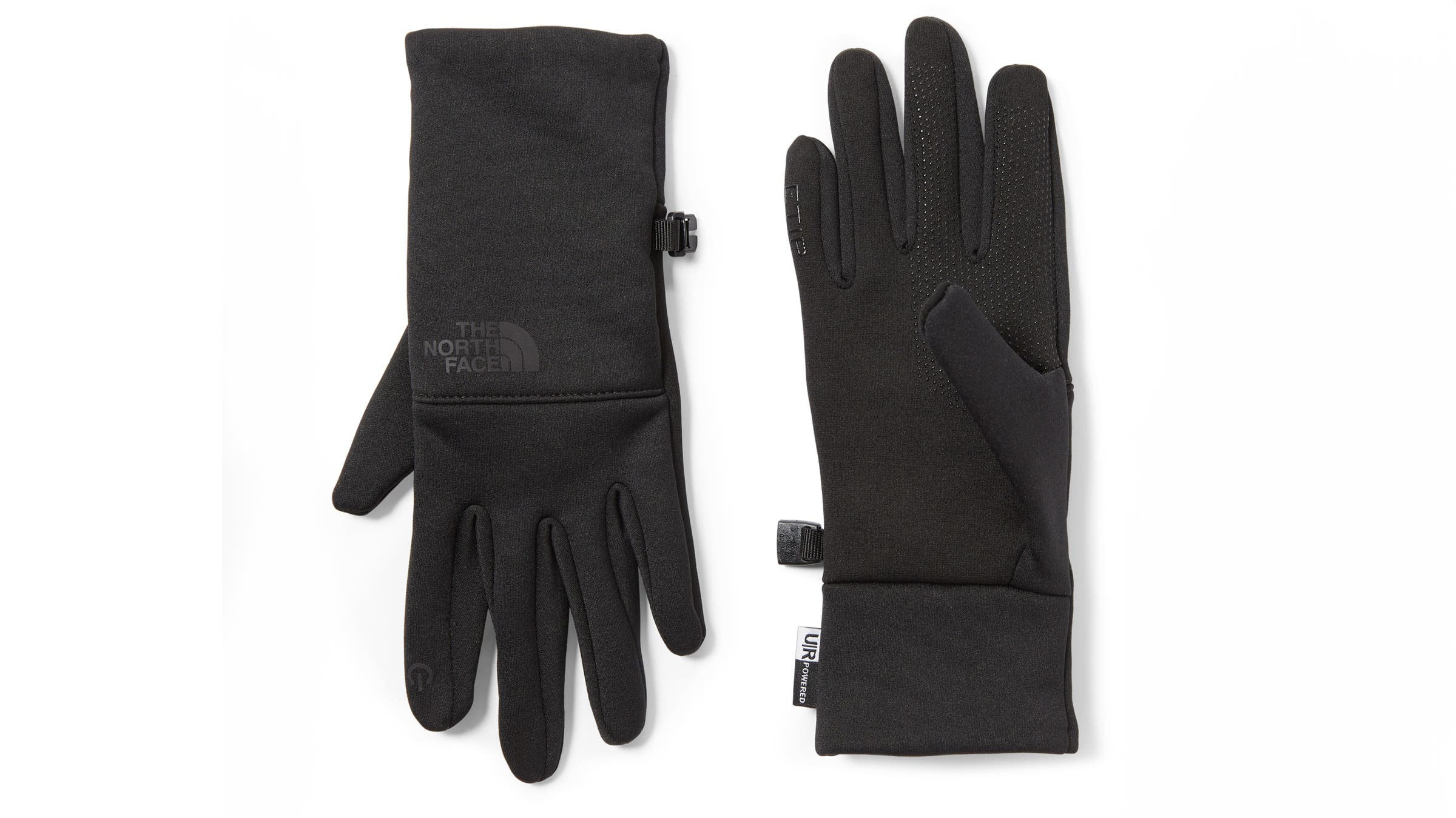The North Face Etip Recycled tech gloves black on white background