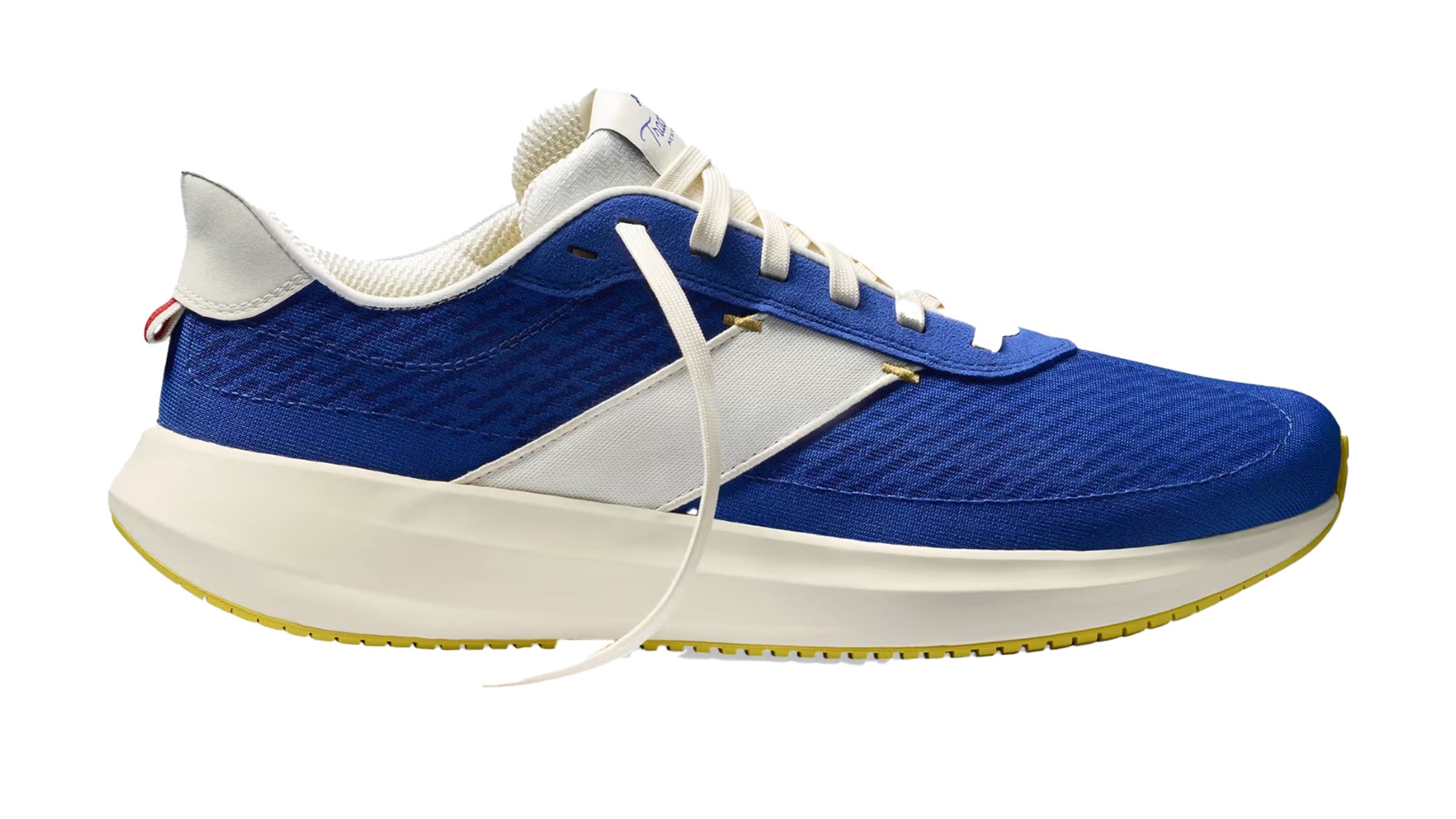 Tracksmith Eliot Runner blue running shoes on white background