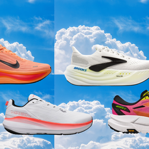 max-cushioned running shoes from Nike, Brooks, Hoka, and Altra against a background of a blue sky with fluffy clouds