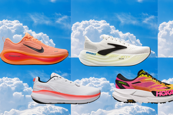 max-cushioned running shoes from Nike, Brooks, Hoka, and Altra against a background of a blue sky with fluffy clouds