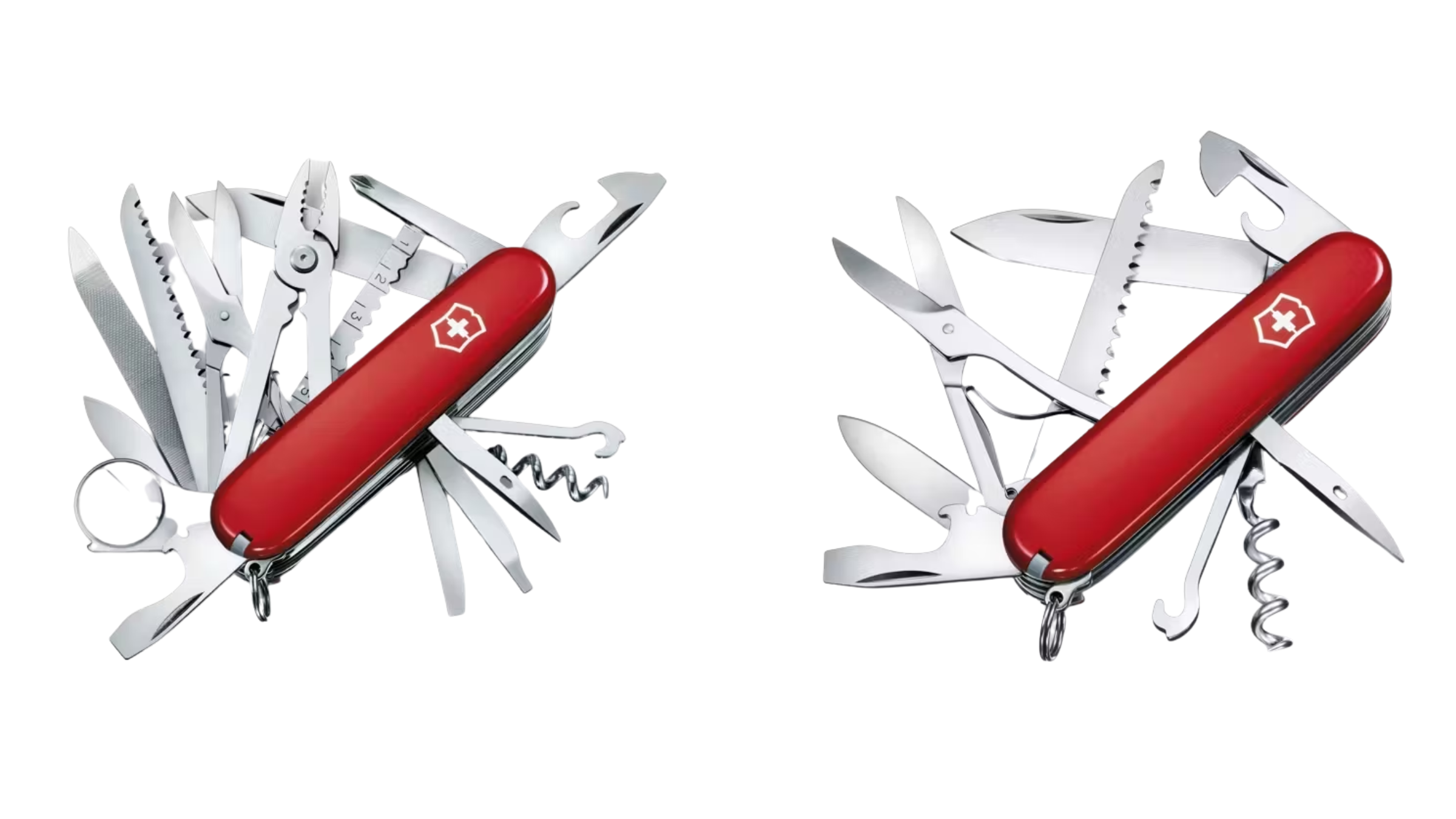 Victorinox Swiss Army Knife, showing the Huntsman model on the left and the Swiss Champ model on the right