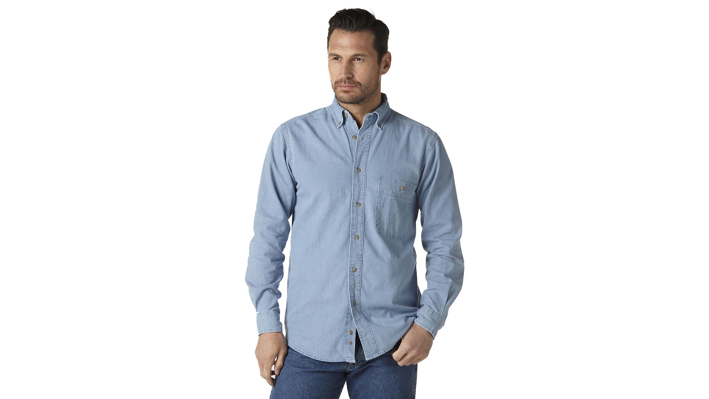 man in light blue denim shirt