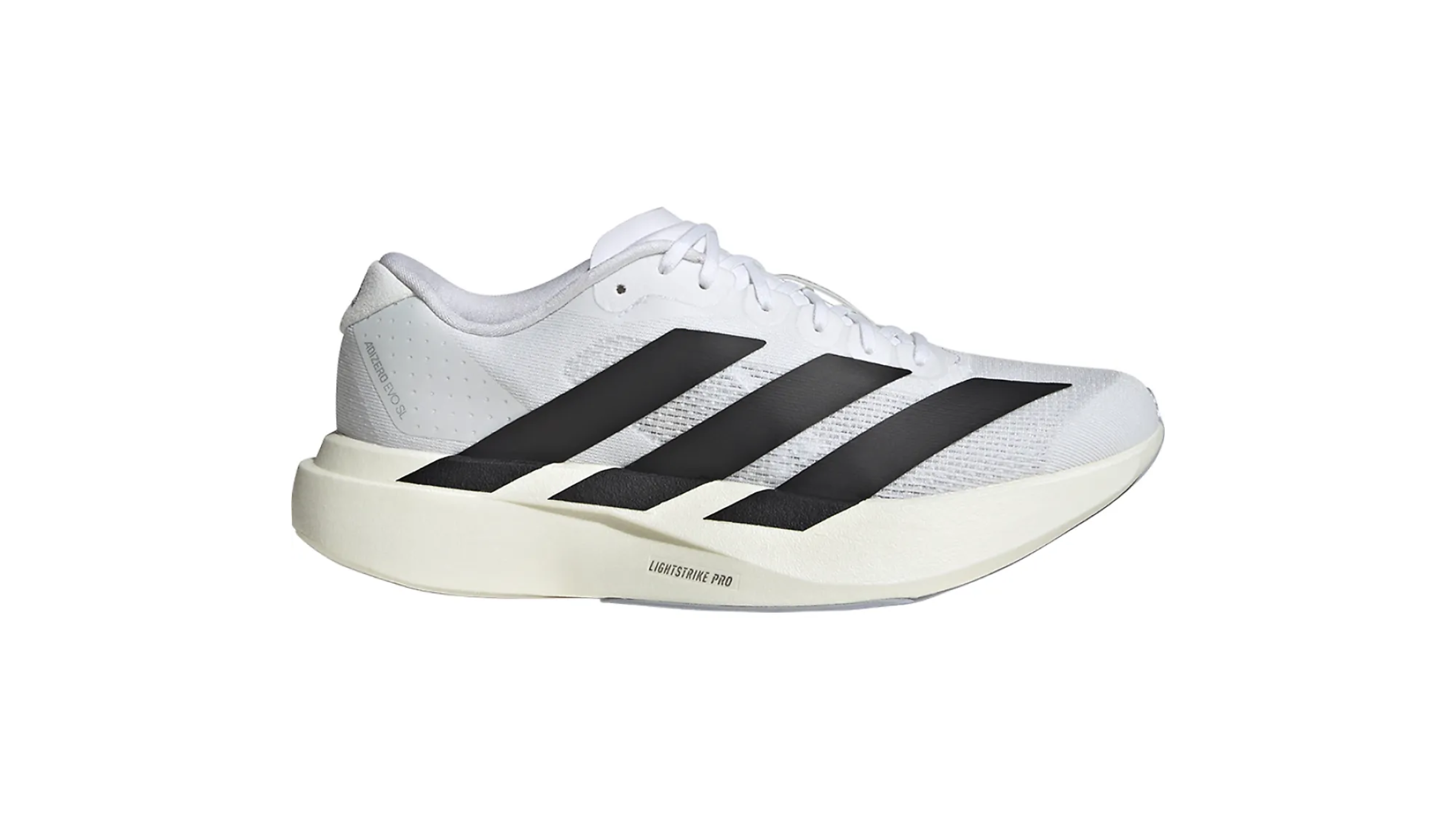 adidas evo sl running shoe in white with black stripes