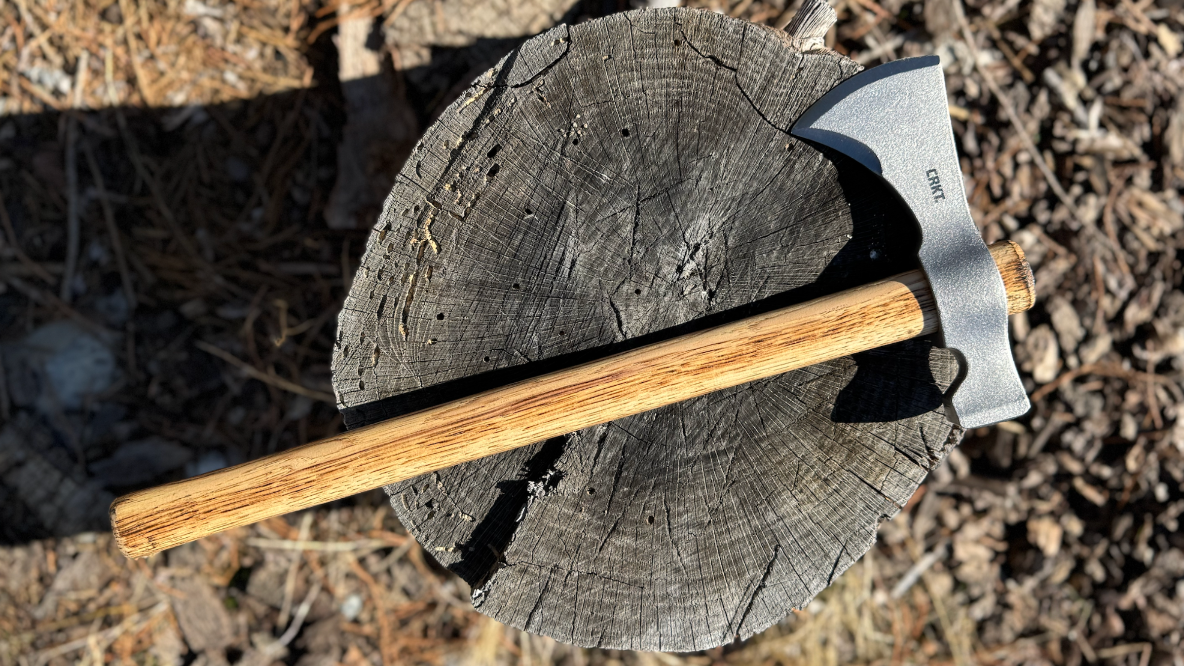 wood-handled T-hawk on tree stump outside, best hatchets