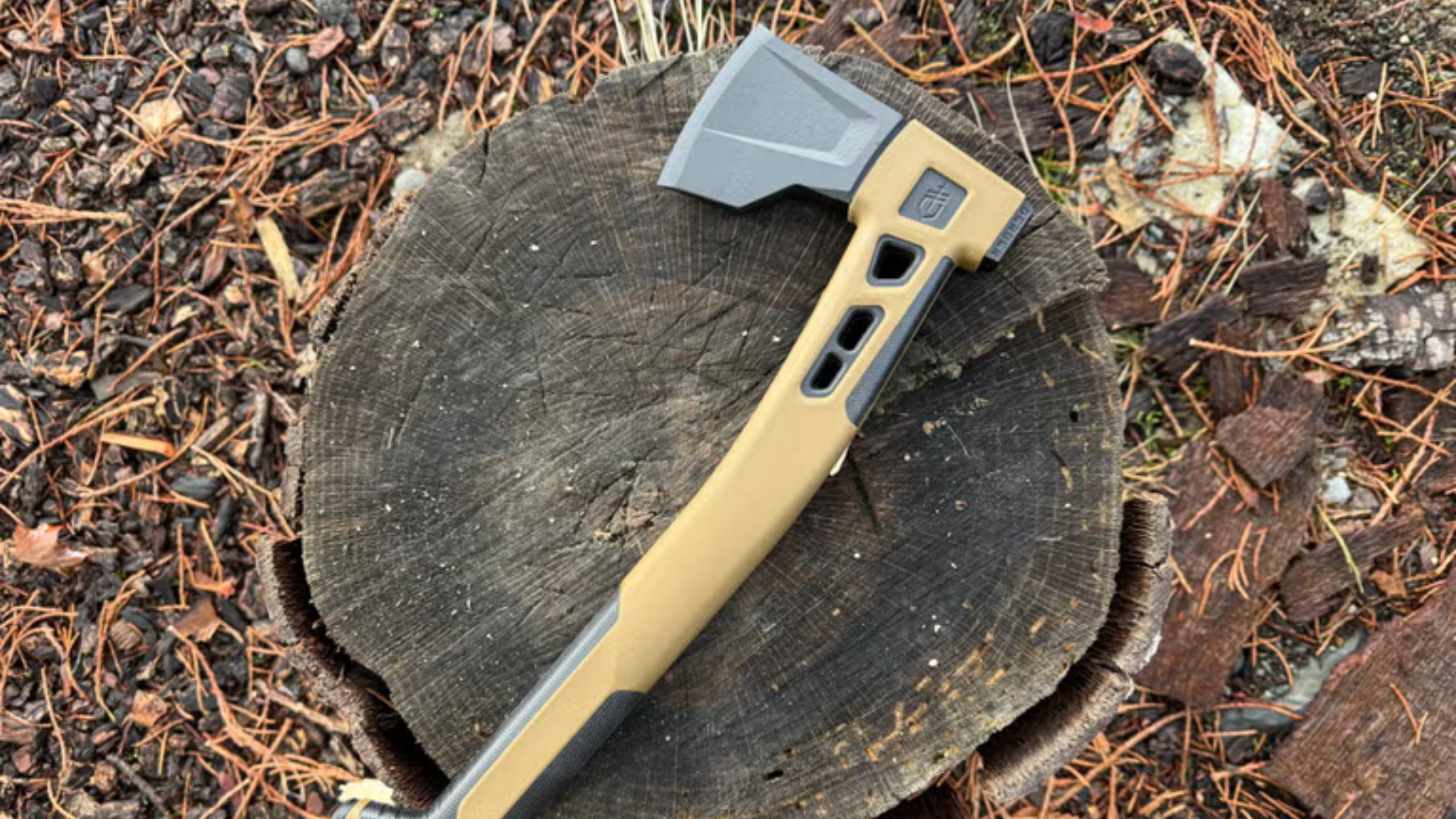 hatchet with tan-colored handle on top of wooden stump, best hatchet