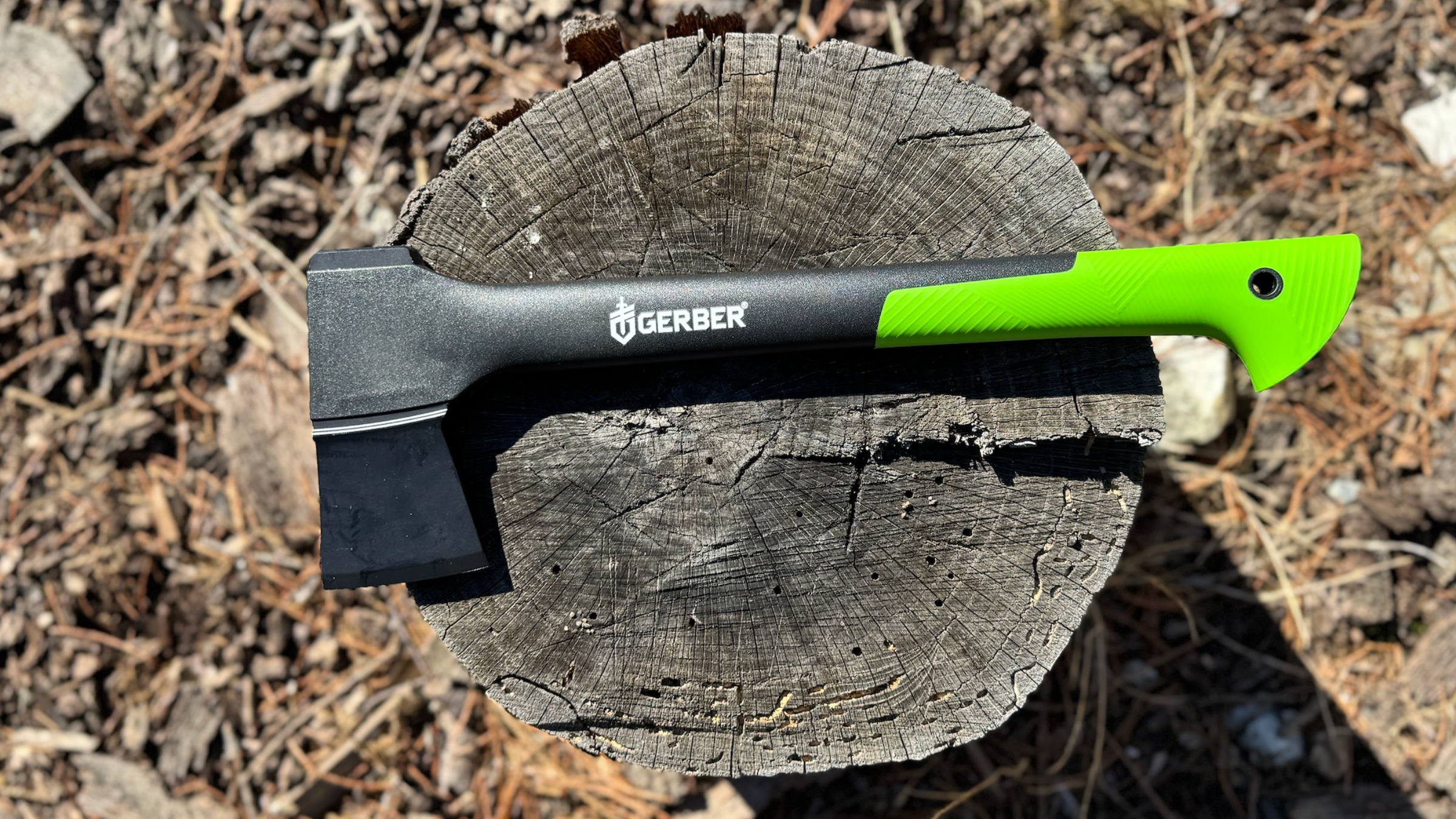 Hatchet with black and neon green handle rests on top of tree stump outside, best hatchets