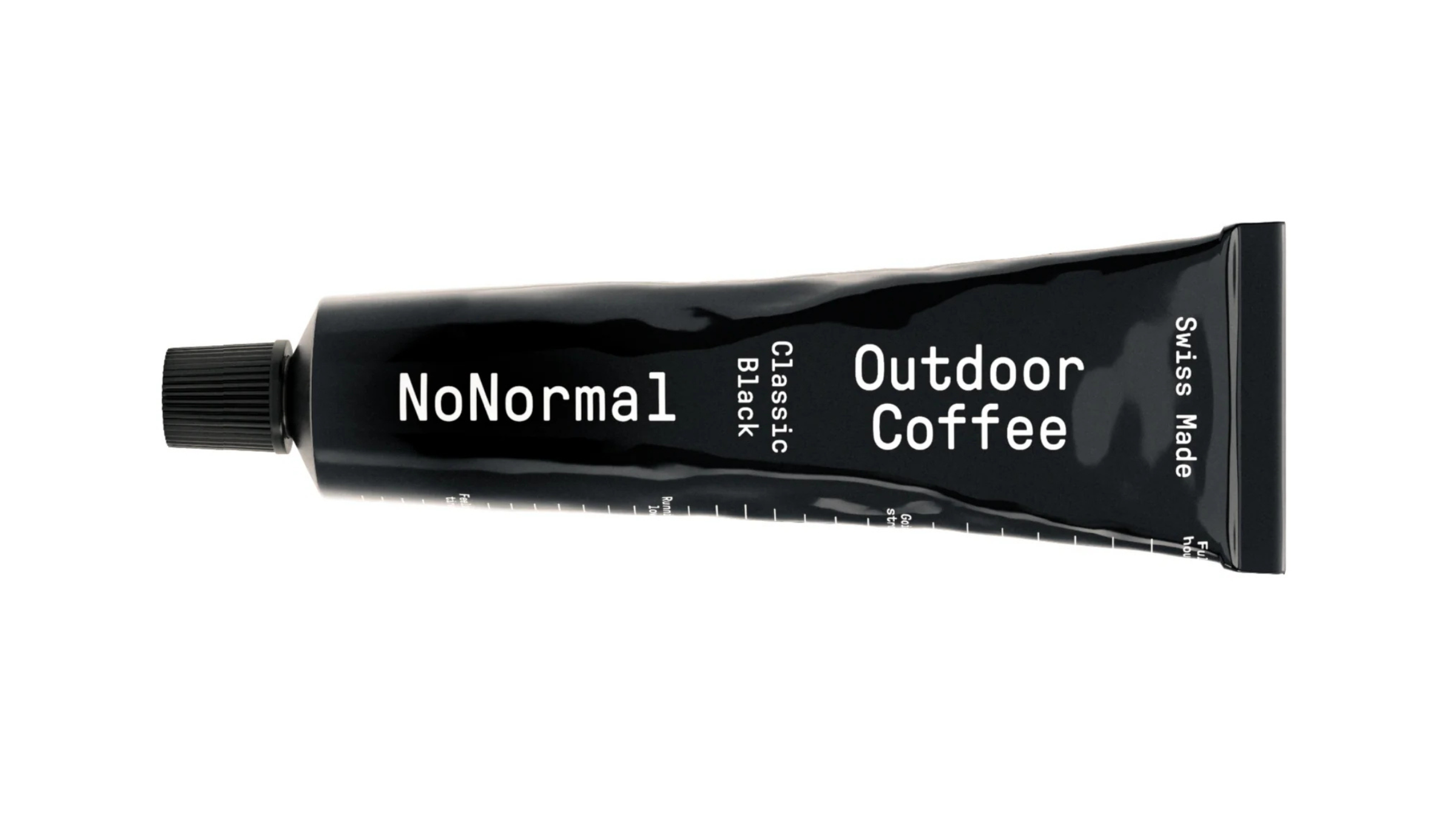 black tube of No Normal Outdoor Coffee paste on white background, best gifts for travelers
