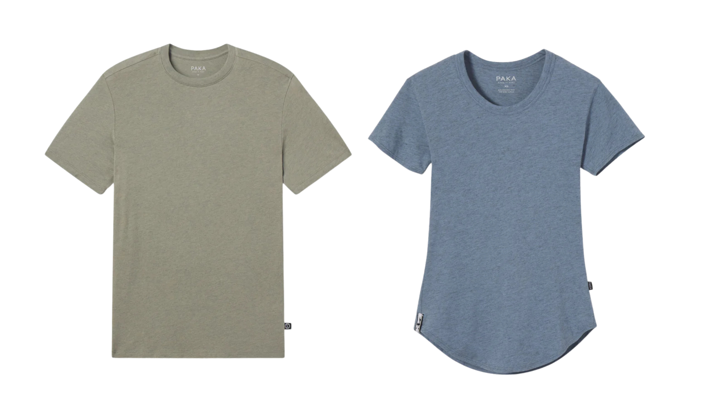 a green men's and light blue women's basic travel shirt side by side on white background