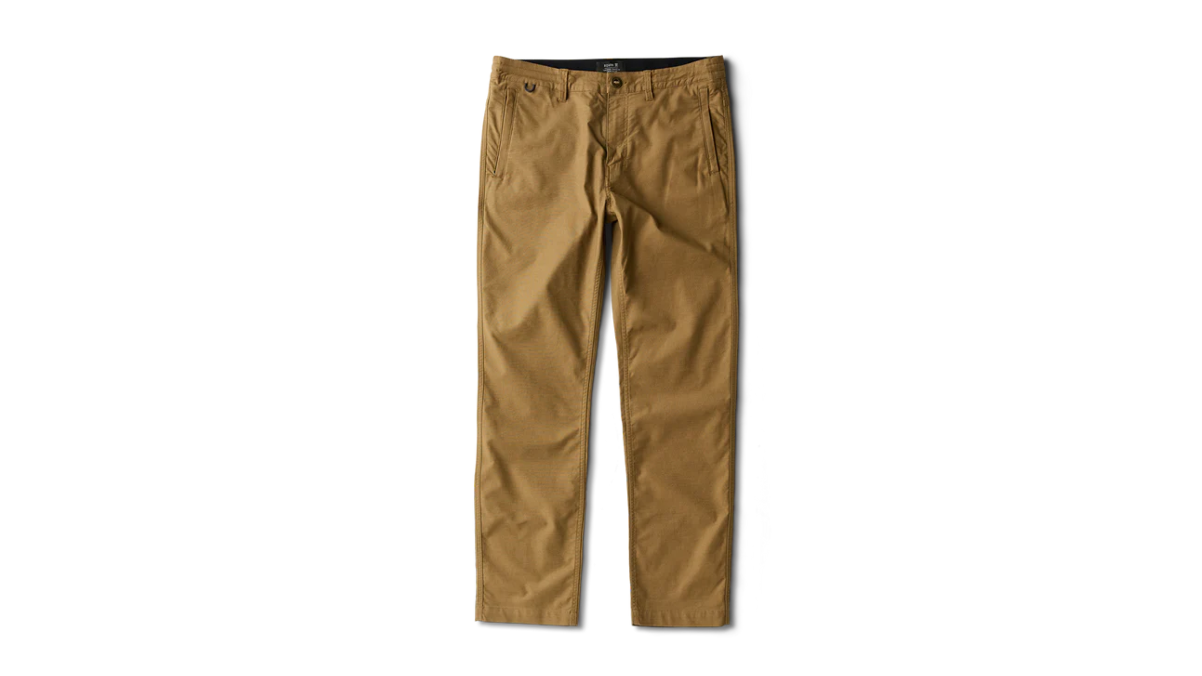 dark khaki colored best travel pants on white background