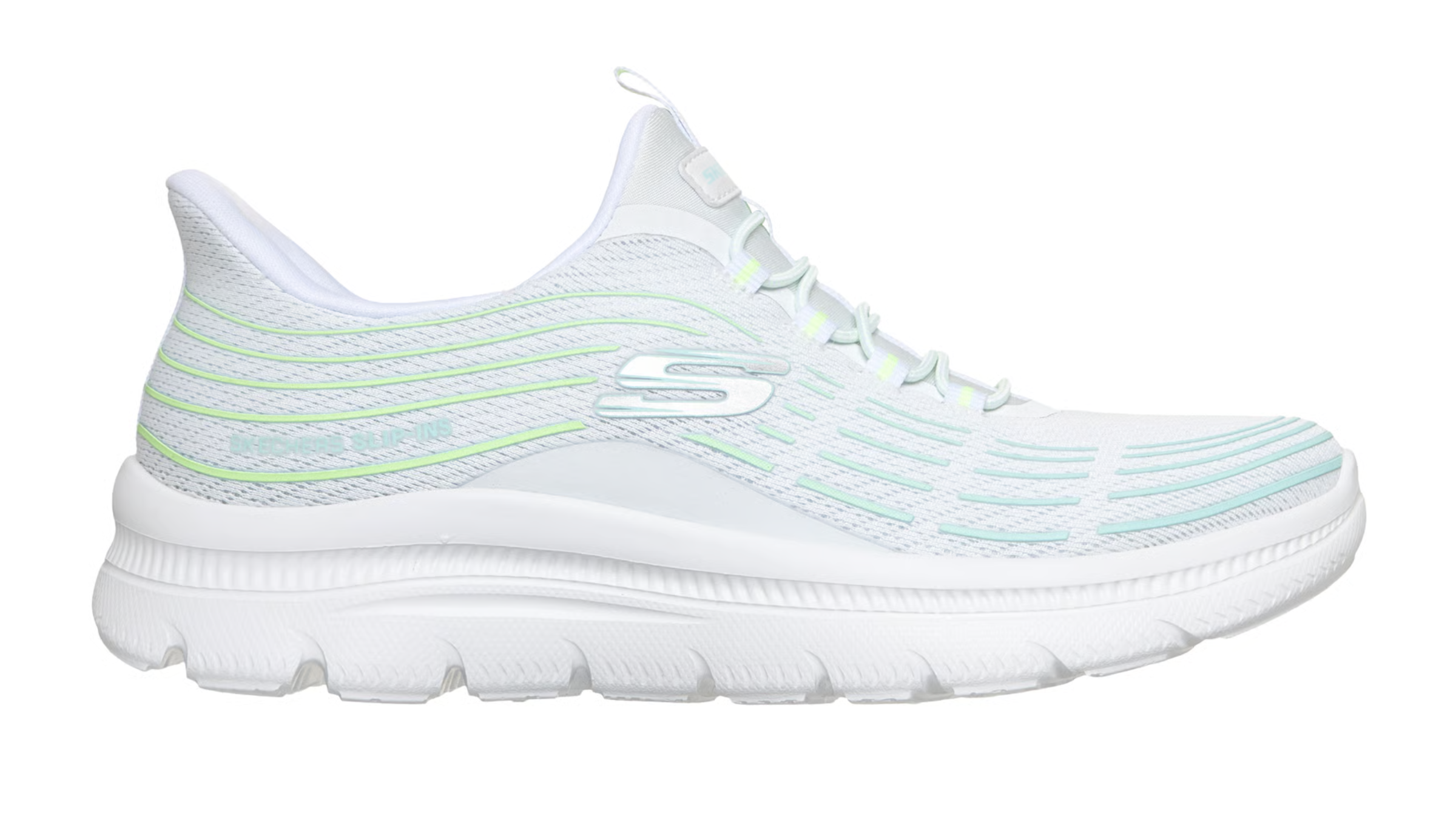 white women's slip-in Skechers running shoe on white background, perfect for travel