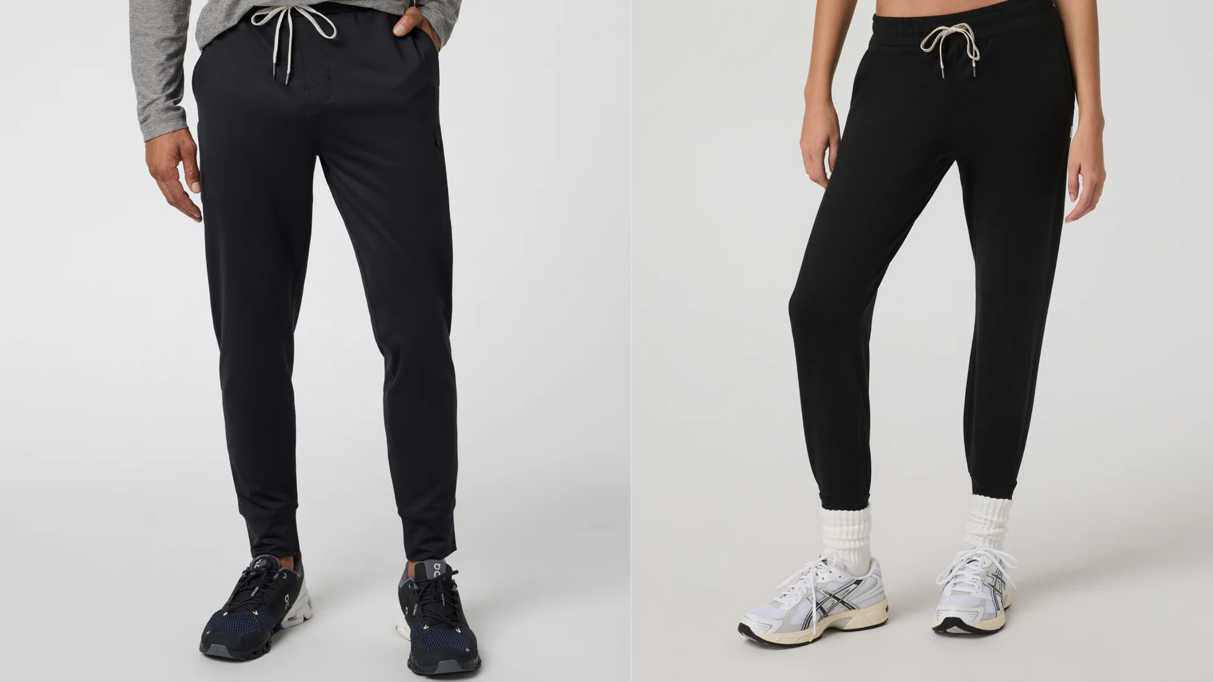 composite image of man and woman wearing black joggers, perfect for travel
